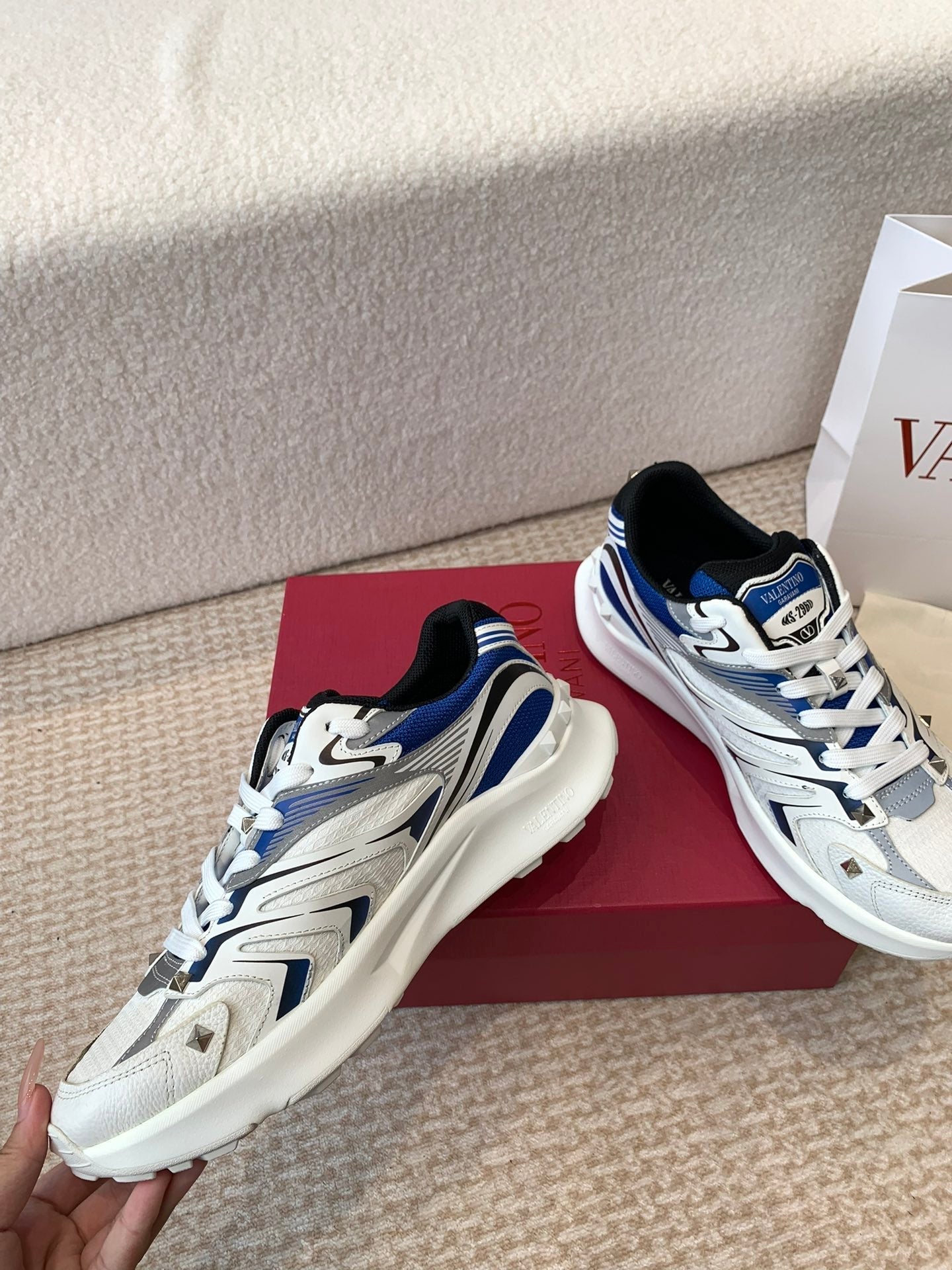 Valentino Sneaker 50mm In White Mix Grey Blue Mesh Fabric And Cowhide 814278