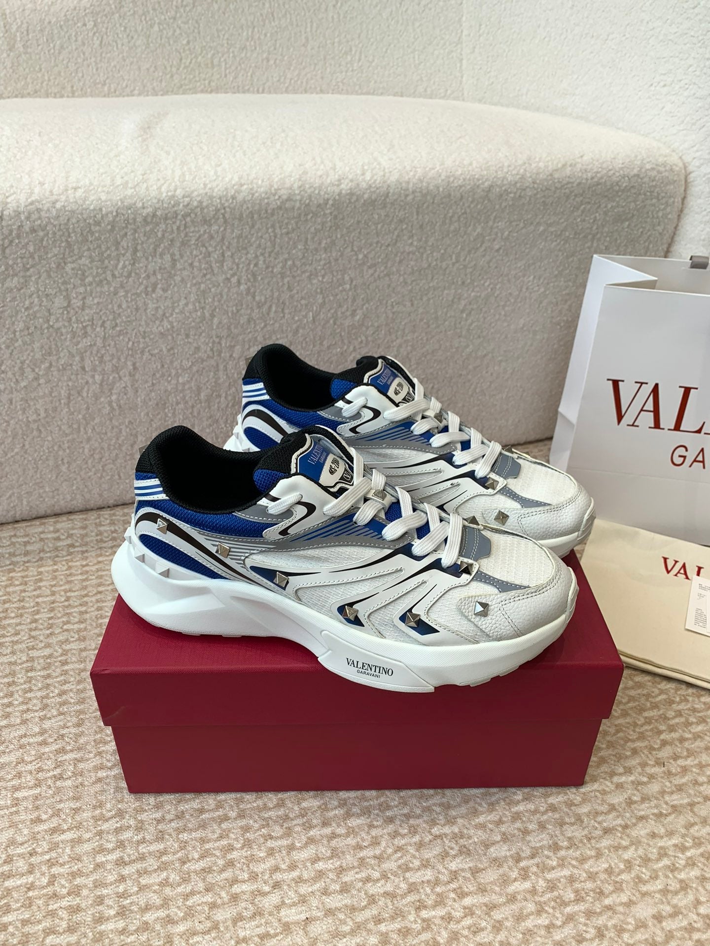 Valentino Sneaker 50mm In White Mix Grey Blue Mesh Fabric And Cowhide 814278