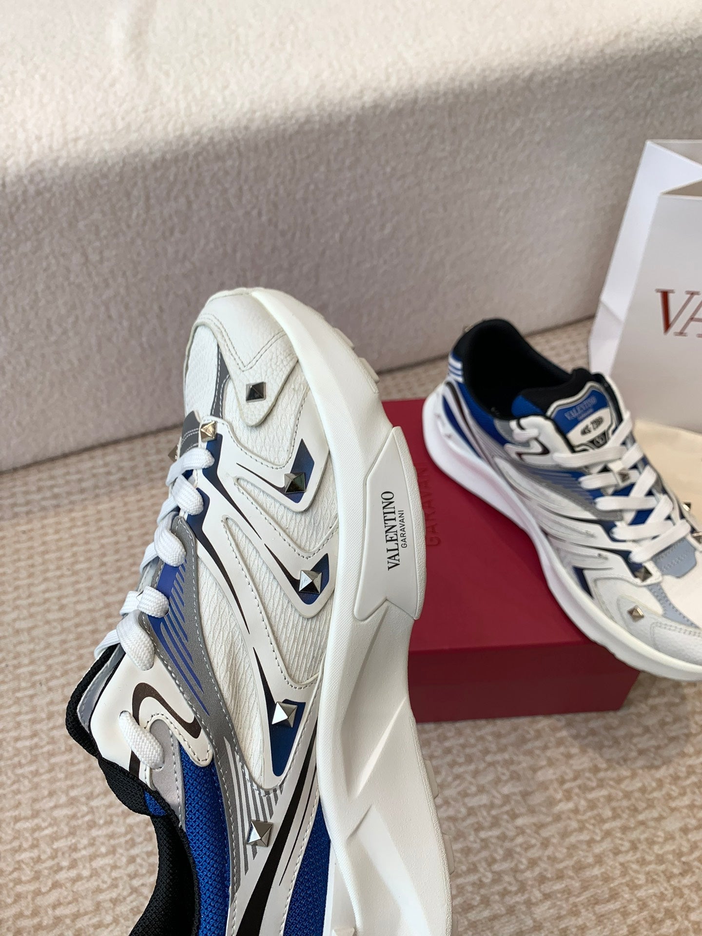 Valentino Sneaker 50mm In White Mix Grey Blue Mesh Fabric And Cowhide 814278