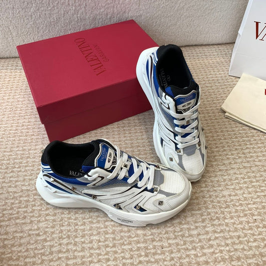 Valentino Sneaker 50mm In White Mix Grey Blue Mesh Fabric And Cowhide 814278