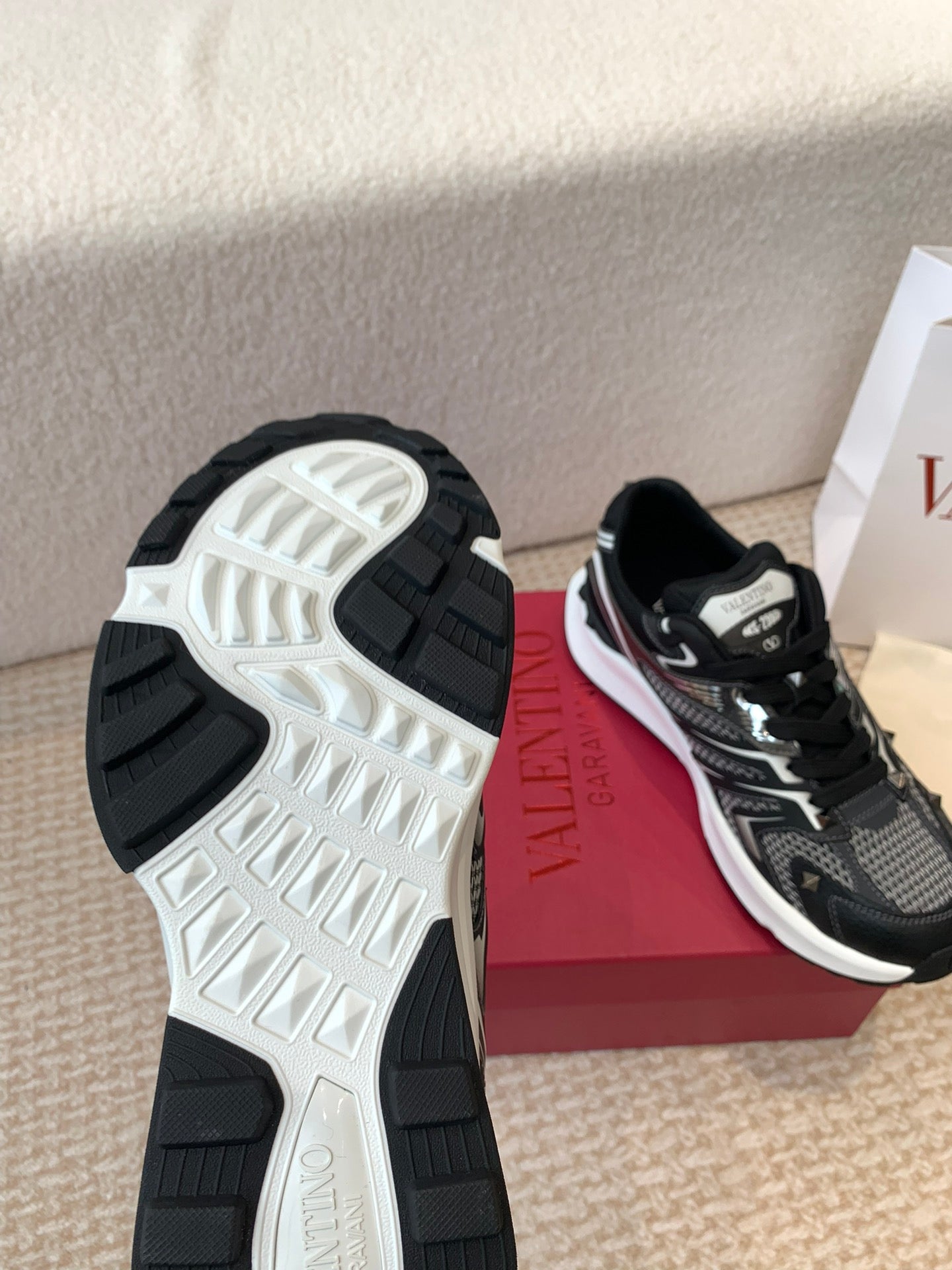 Valentino Sneaker 50mm In Black Mix White Mesh Fabric And Cowhide 814280