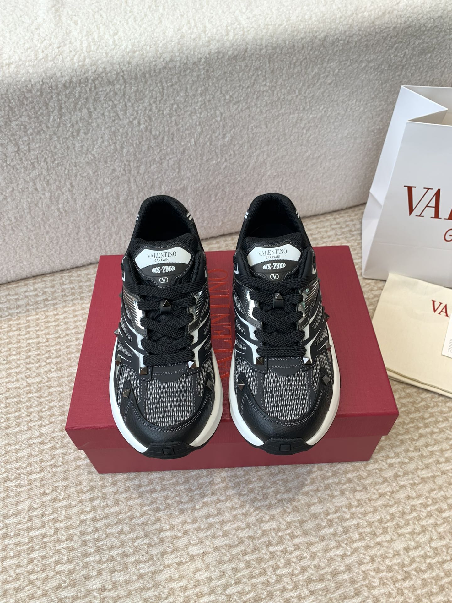 Valentino Sneaker 50mm In Black Mix White Mesh Fabric And Cowhide 814280