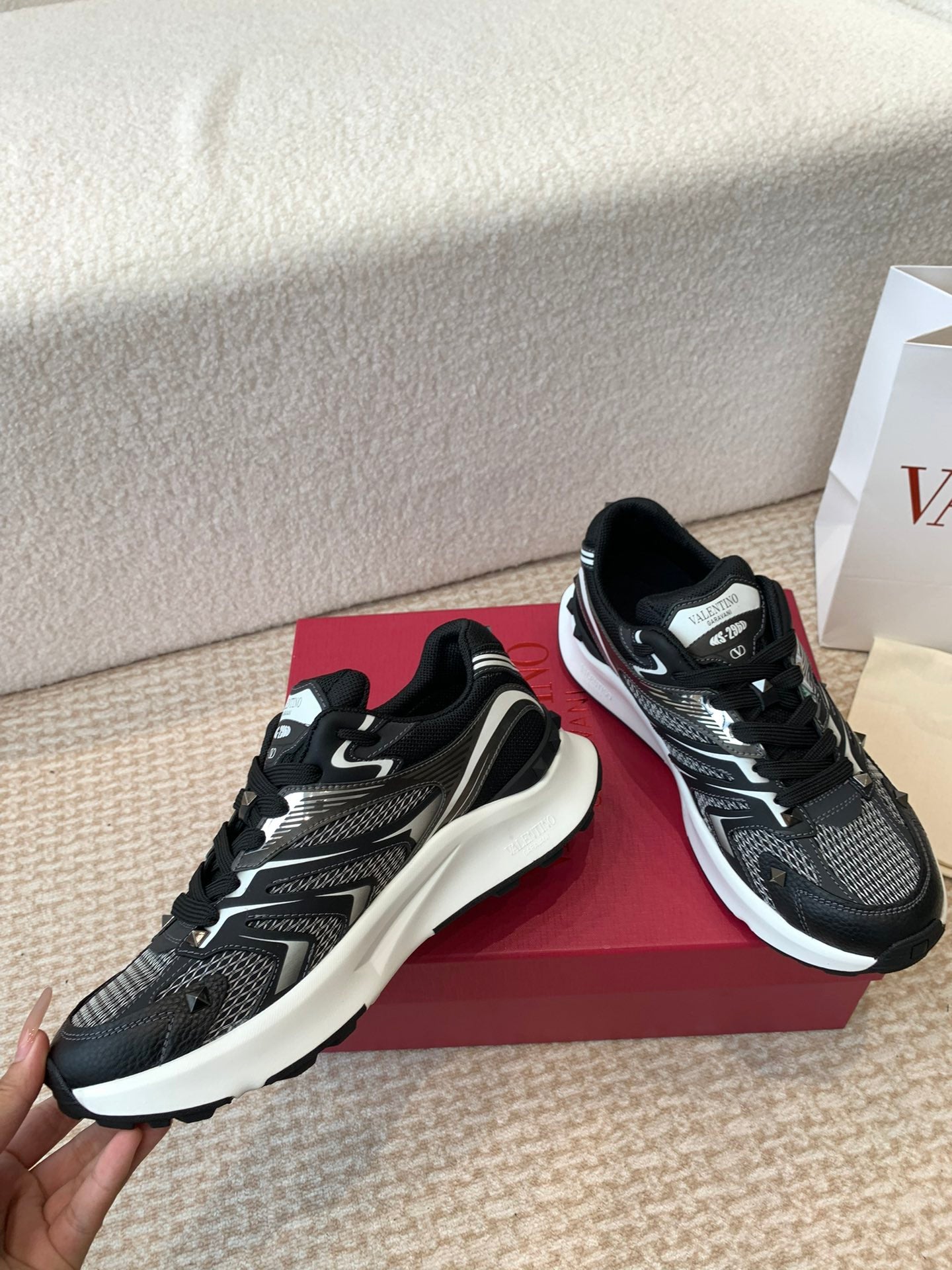 Valentino Sneaker 50mm In Black Mix White Mesh Fabric And Cowhide 814280