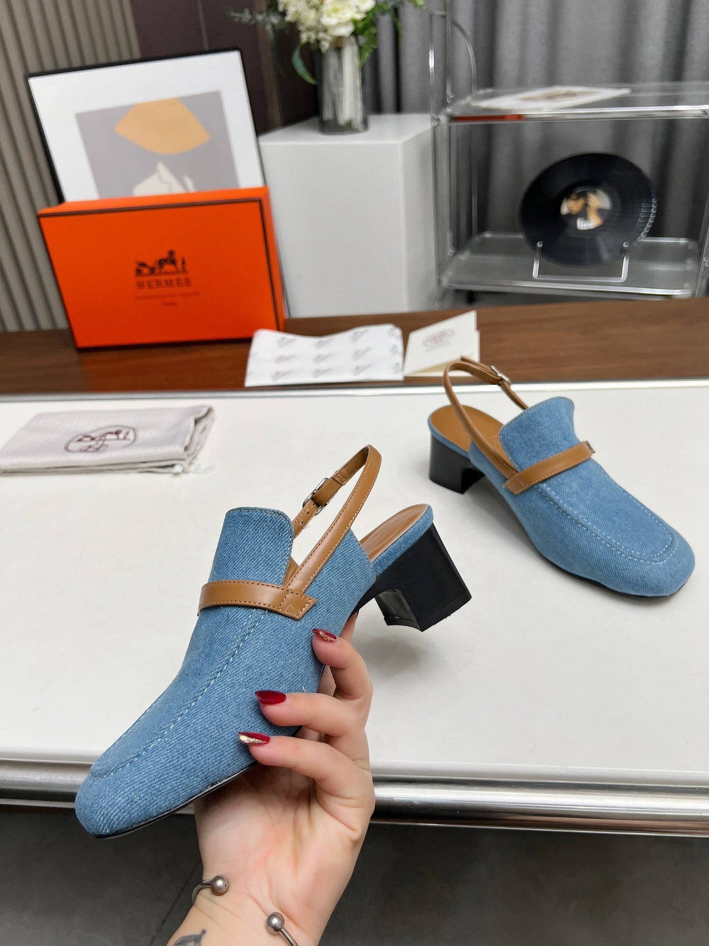 SQUARE TOE SLINGBACK DENIM CALFSKIN