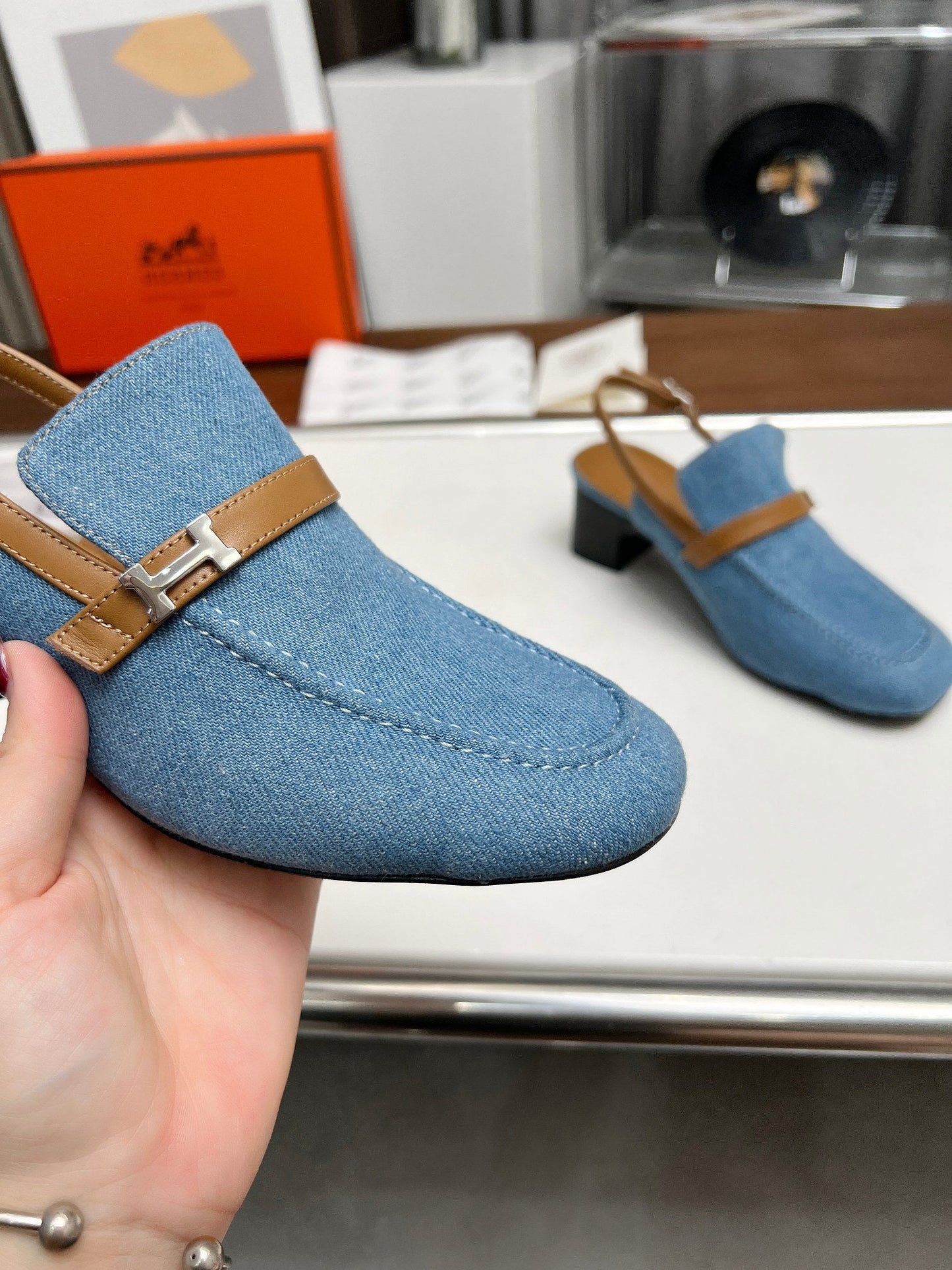 SQUARE TOE SLINGBACK DENIM CALFSKIN