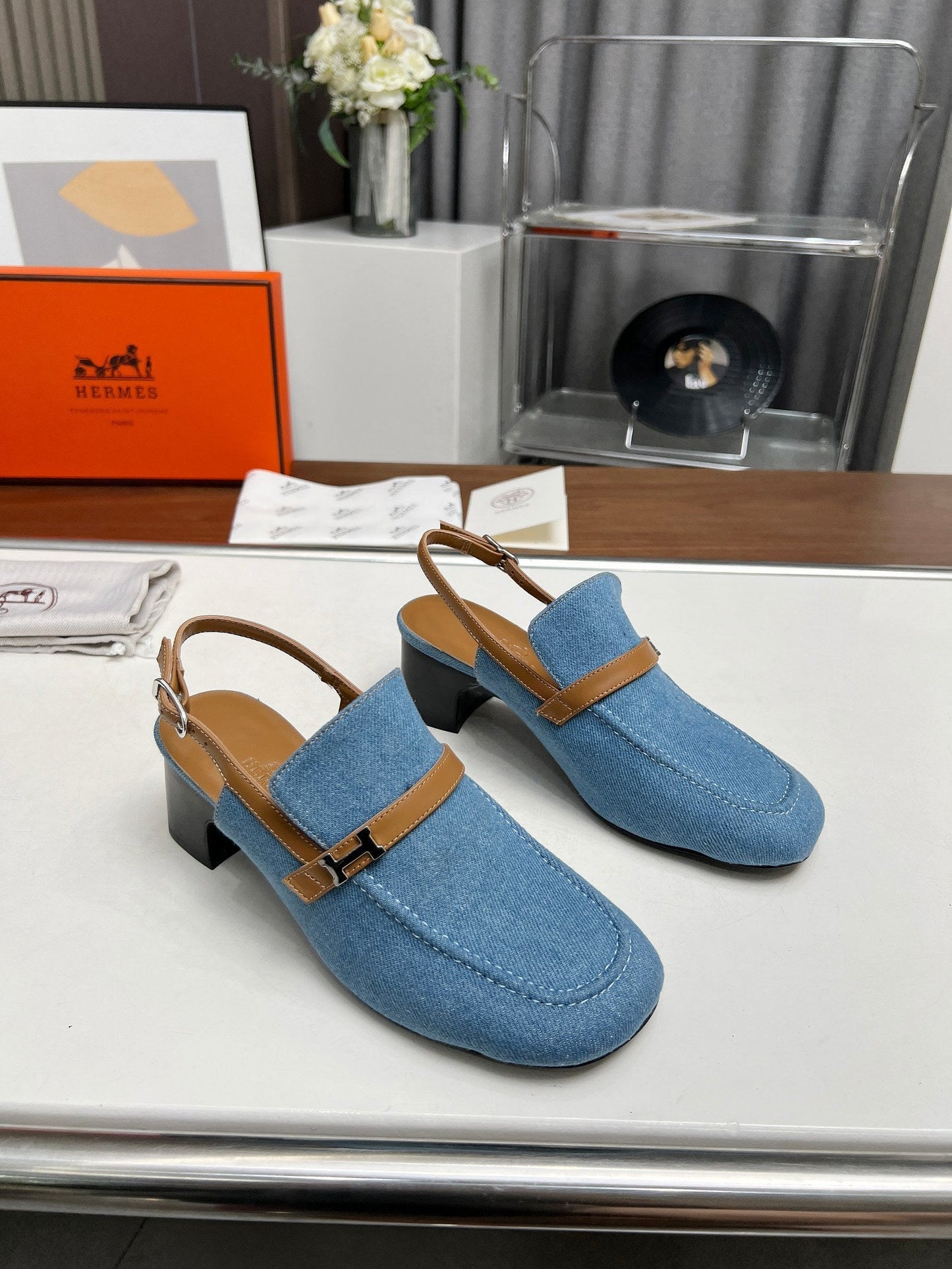 SQUARE TOE SLINGBACK DENIM CALFSKIN