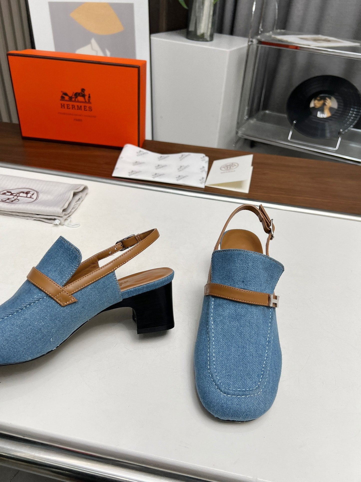 SQUARE TOE SLINGBACK DENIM CALFSKIN