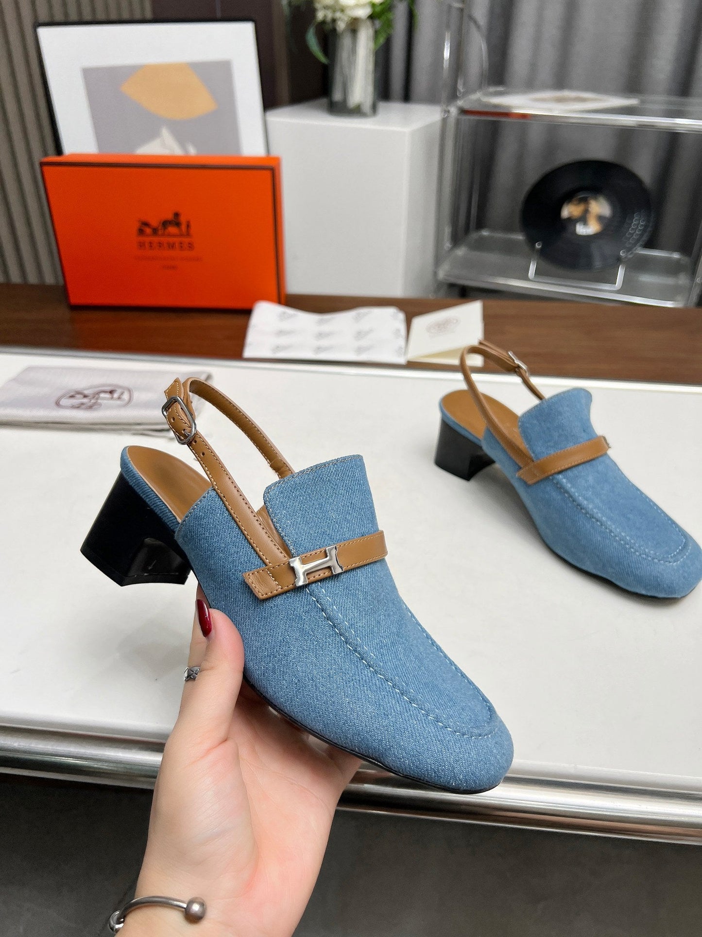 SQUARE TOE SLINGBACK DENIM CALFSKIN