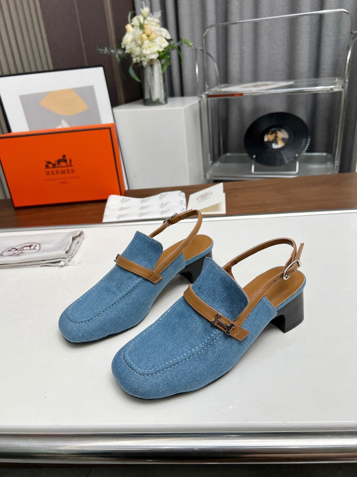 SQUARE TOE SLINGBACK DENIM CALFSKIN