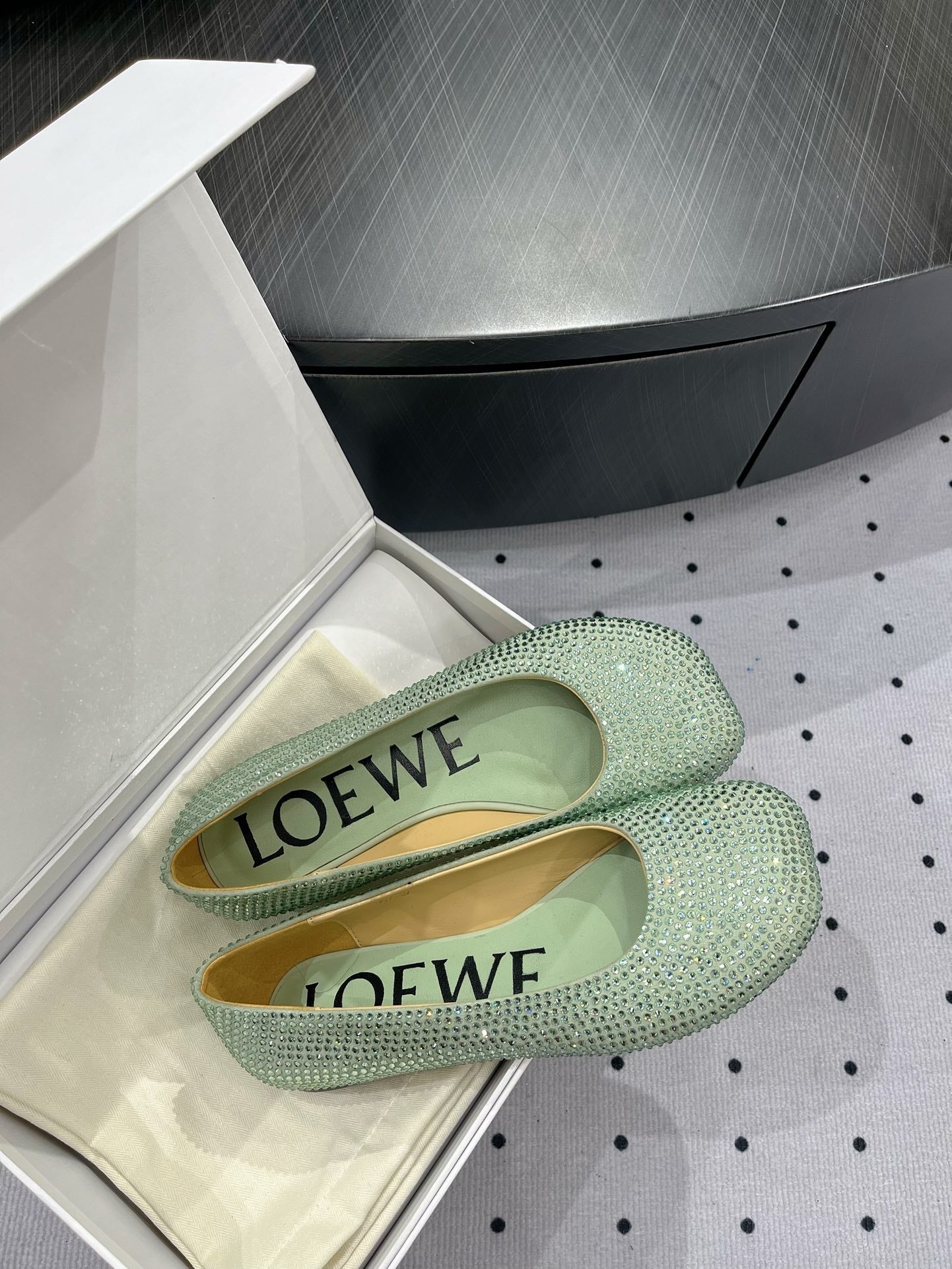 Toy ballerina in suede and allover rhinestones pastel green