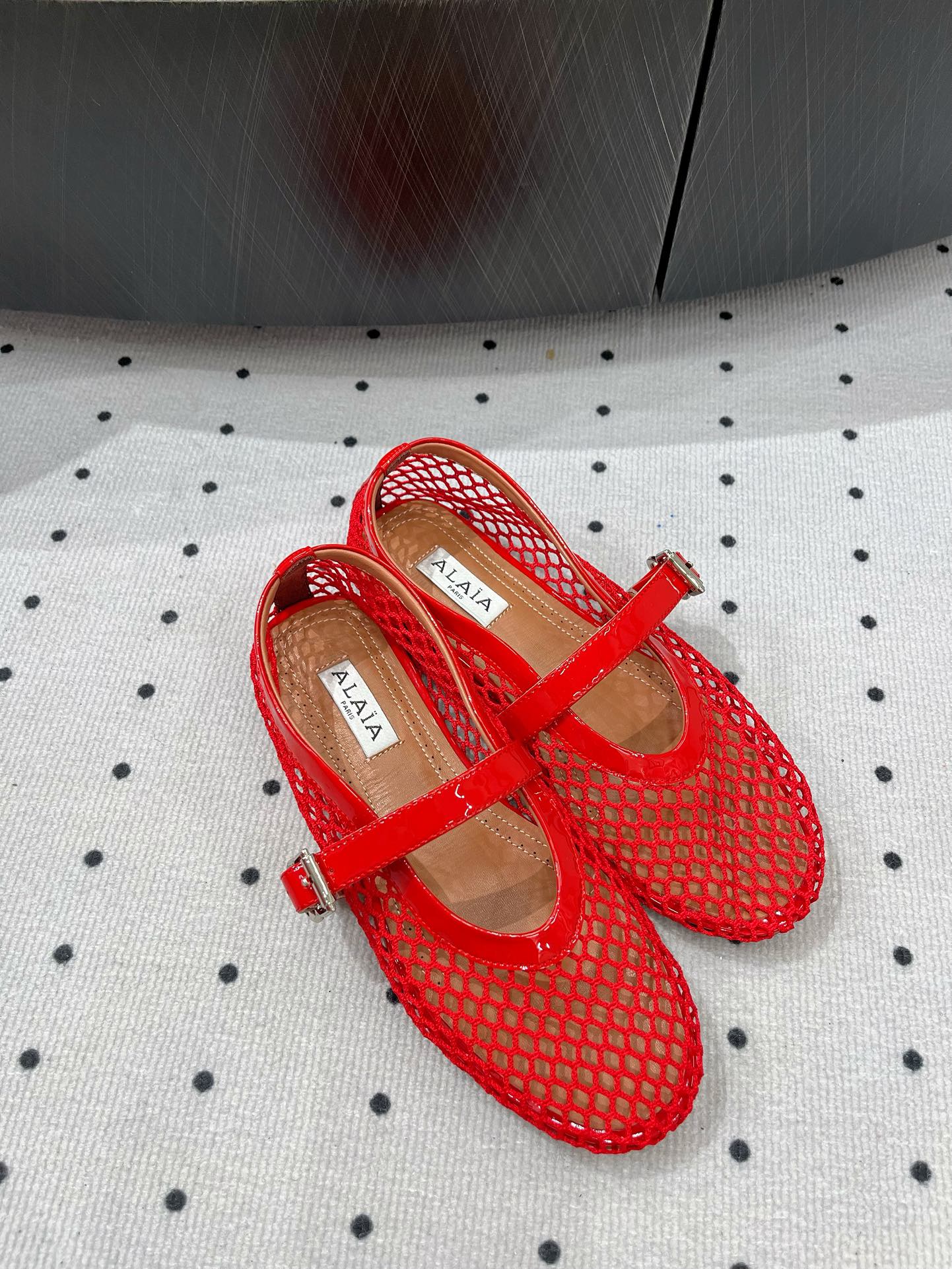 alaia ballet flat fishnet red lambskin