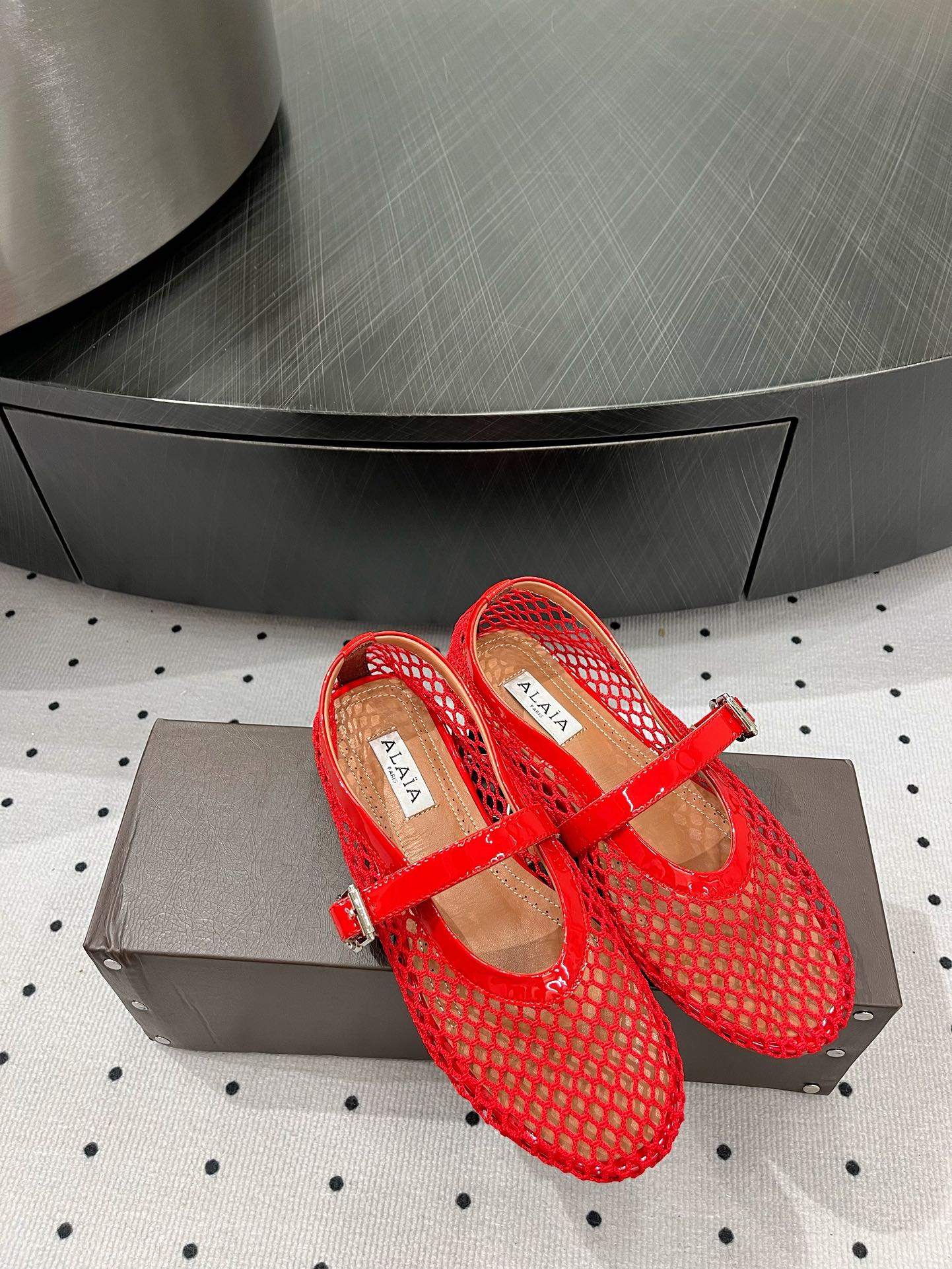 alaia ballet flat fishnet red lambskin