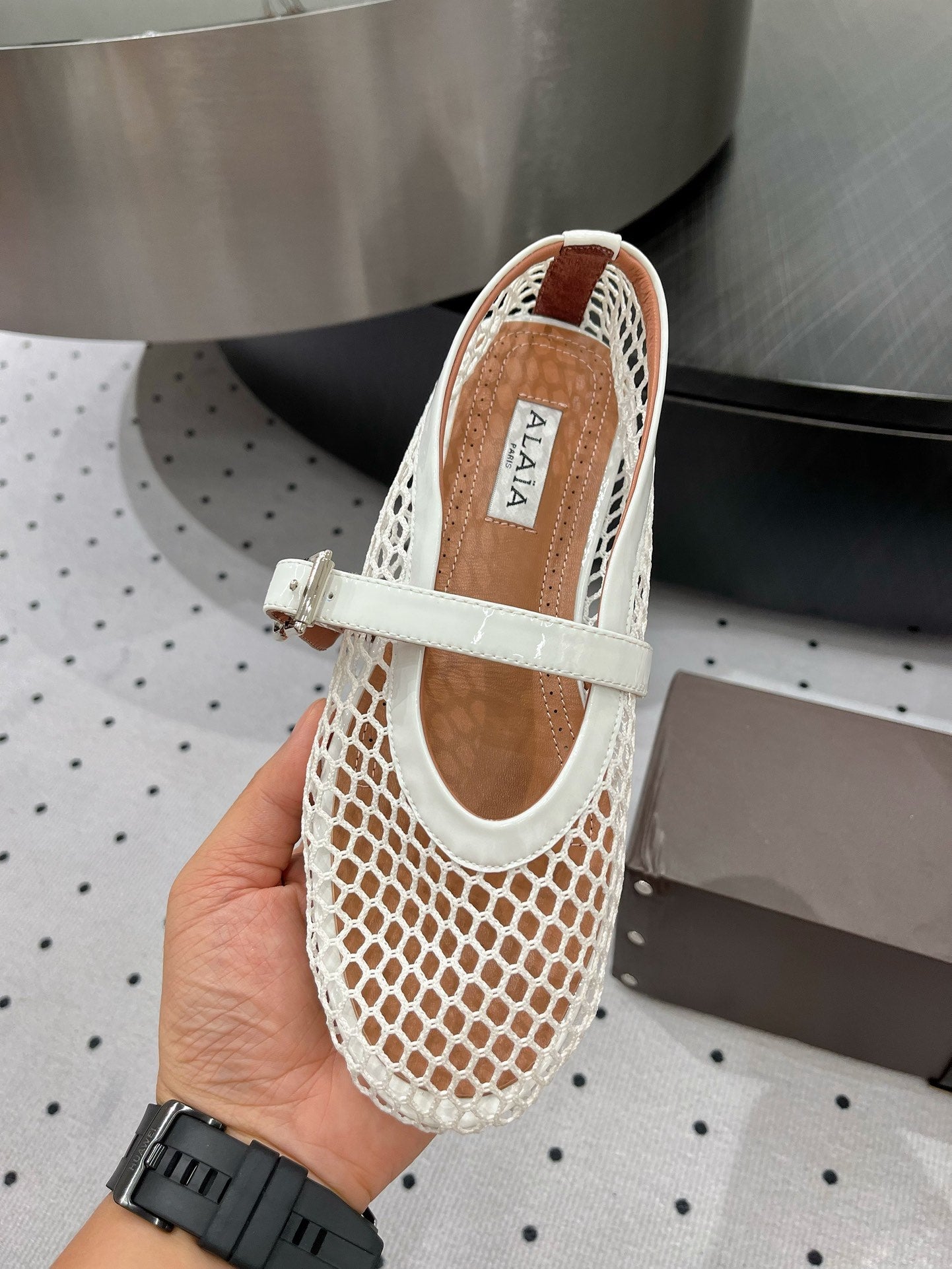 alaia ballet flat fishnet white lambskin