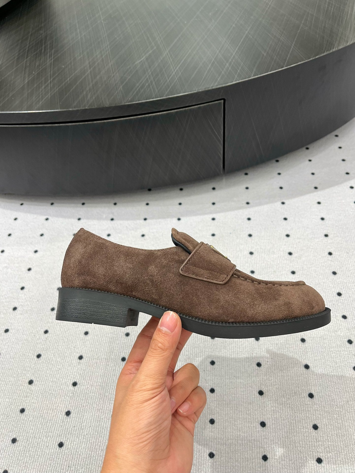 TRIANGLE LOGO LOAFER IN WOOD BROWN SUEDE