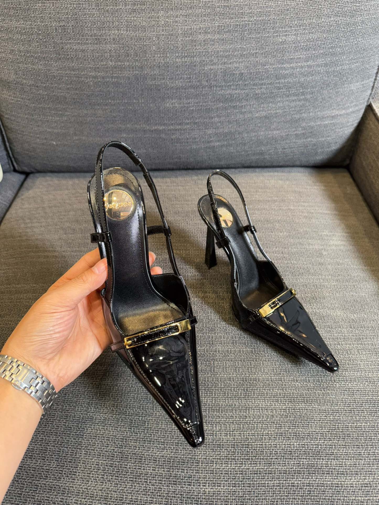 JACQUELINE SLINGBACK PUMPS IN BLACK PATENT LAMBSKIN