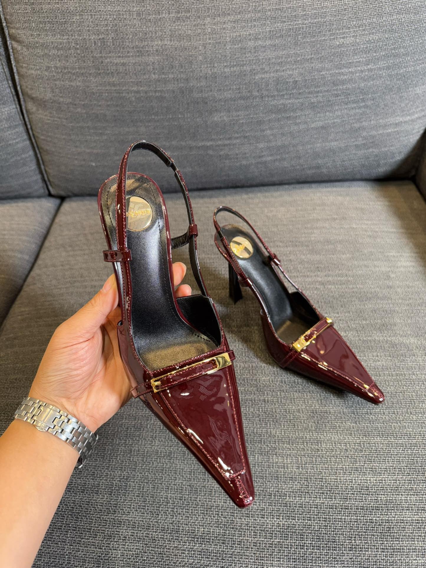 JACQUELINE SLINGBACK PUMPS IN WINE RED PATENT LAMBSKIN