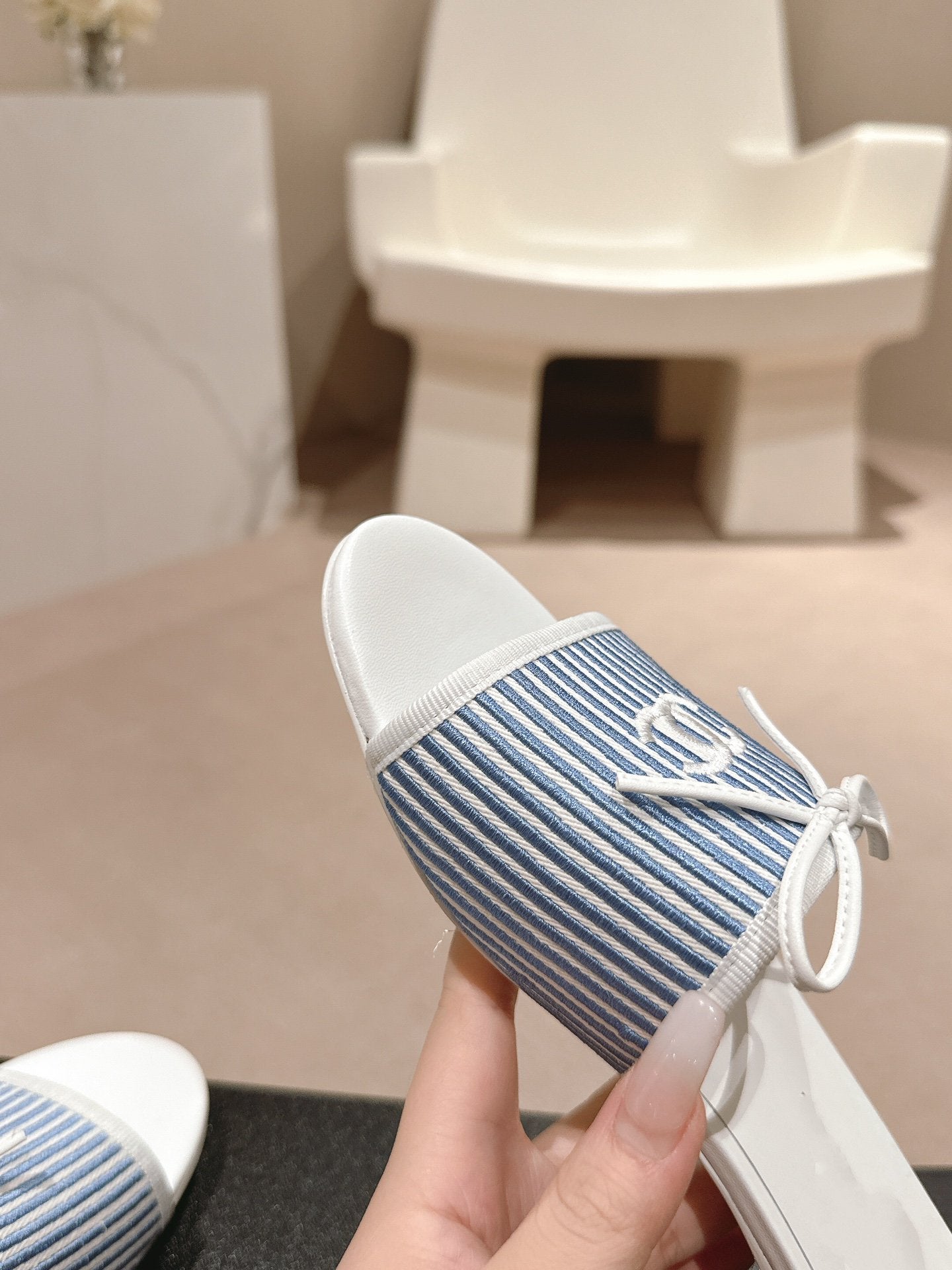 mule sandal striped blue white canvas calfskin