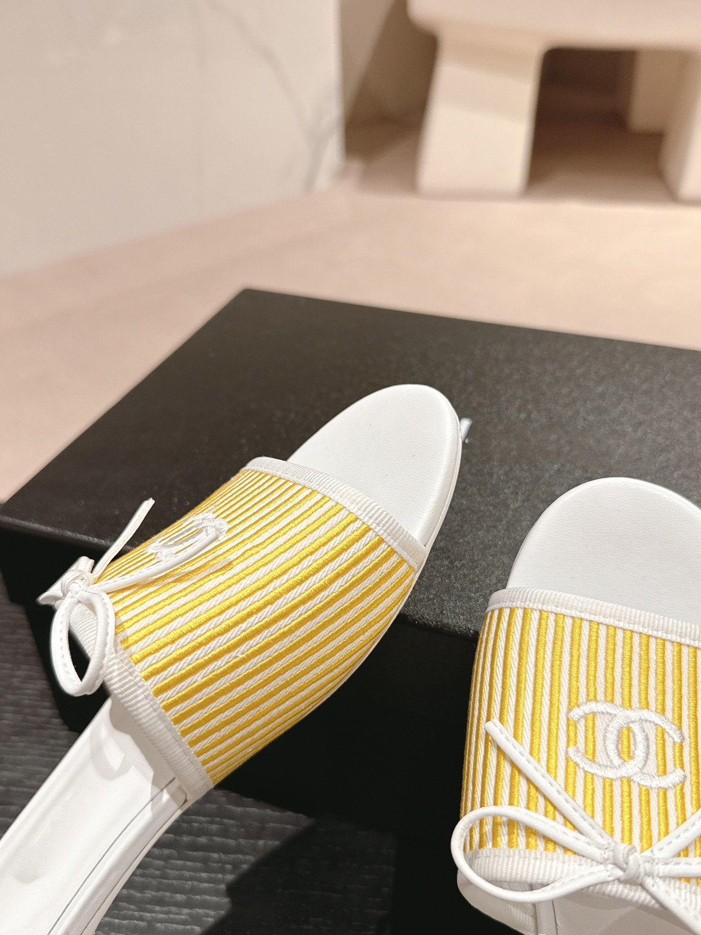 mule sandal striped yellow white canvas calfskin