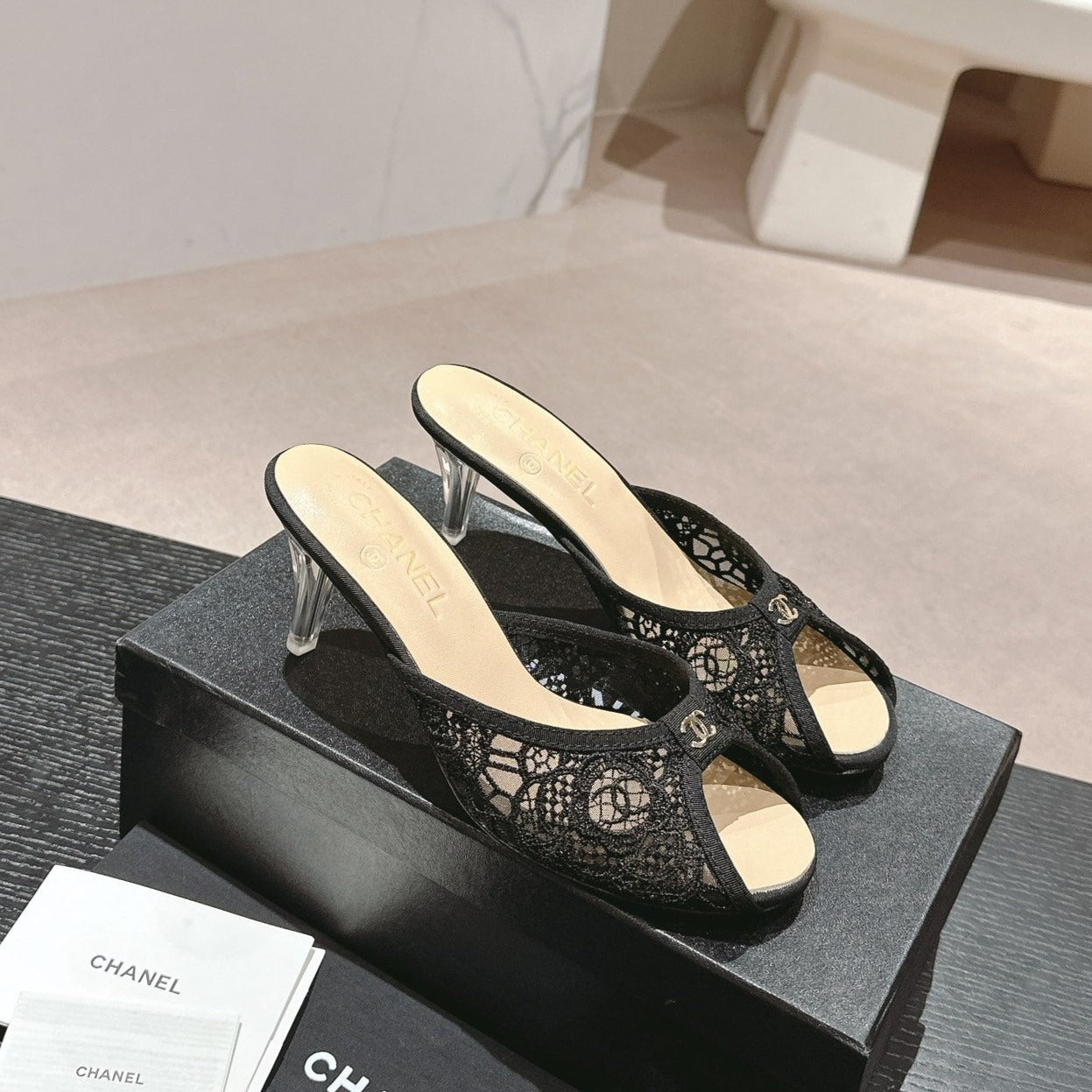 mule sandal 75 black lace fabric beige calfskin