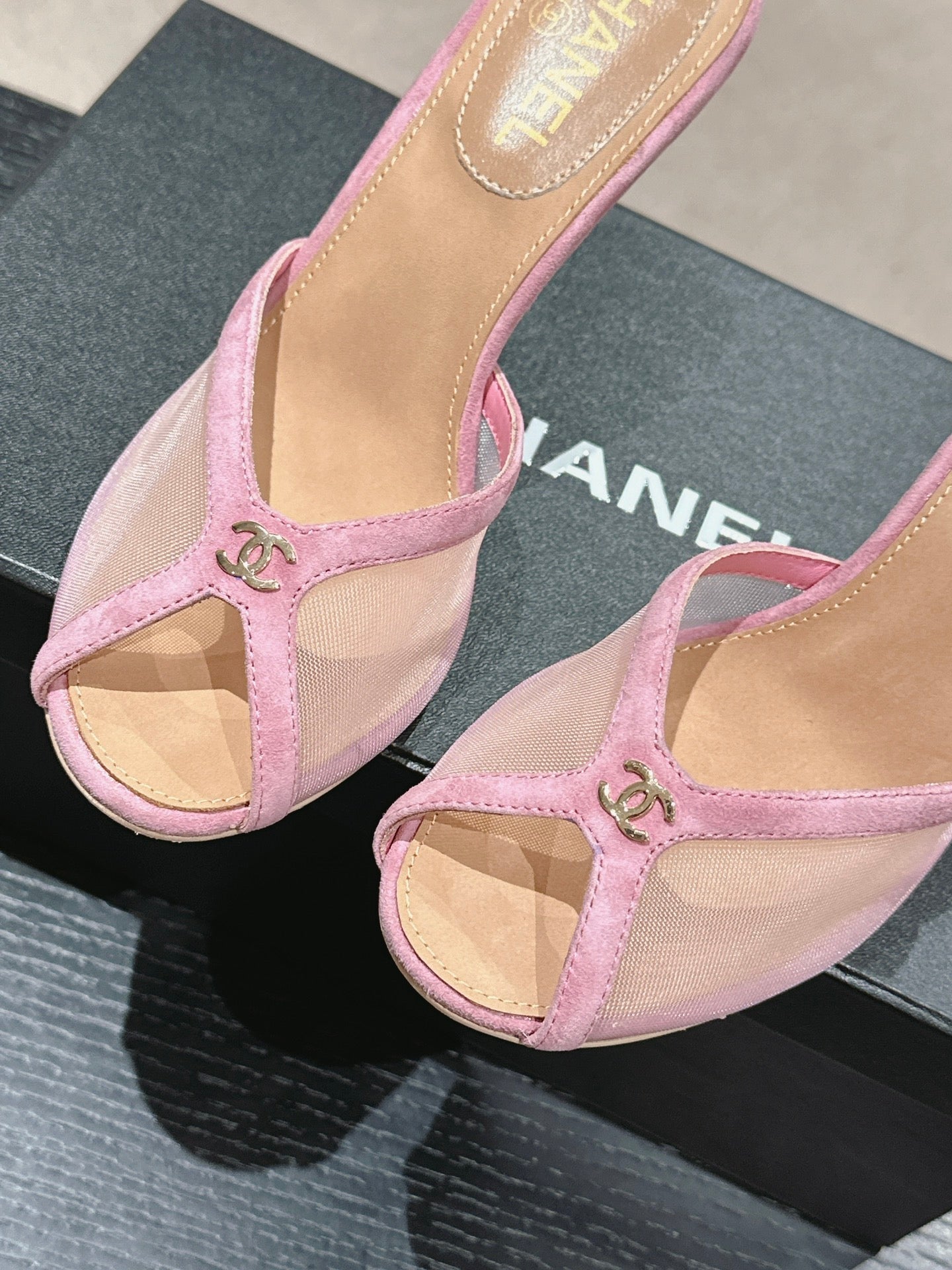 mule sandal 75 pink fabric dark beige calfskin