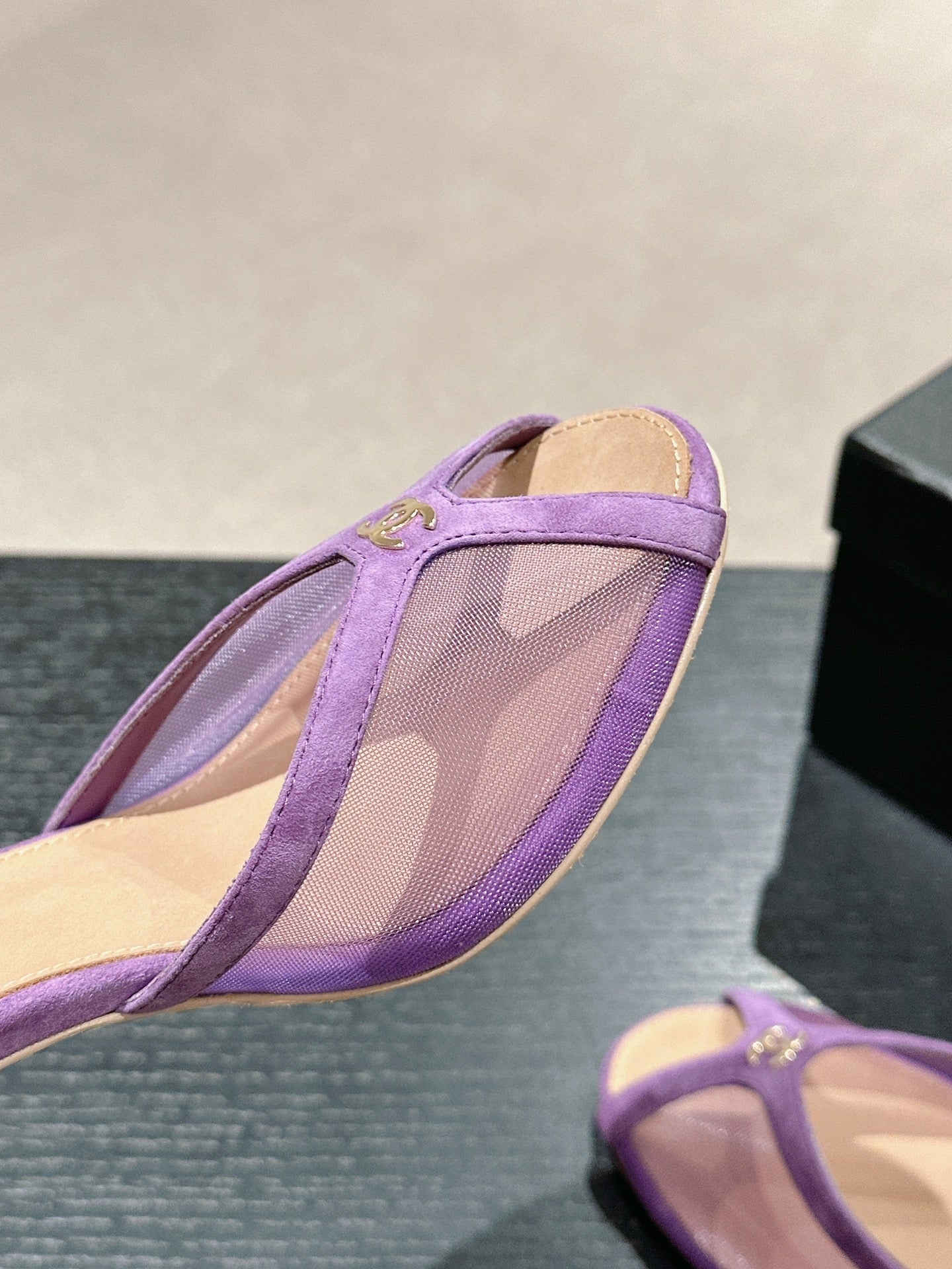 mule sandal 75 purple fabric dark beige calfskin