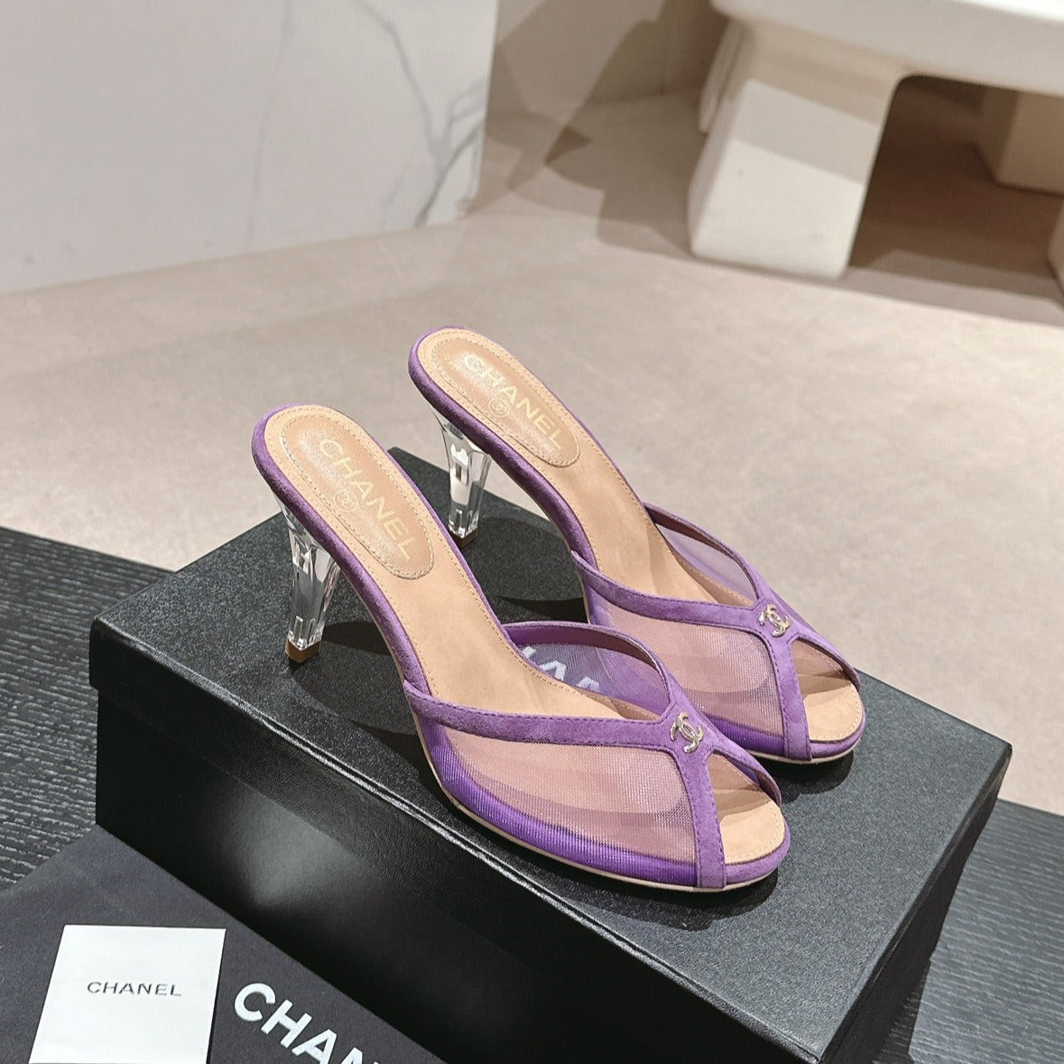 mule sandal 75 purple fabric dark beige calfskin