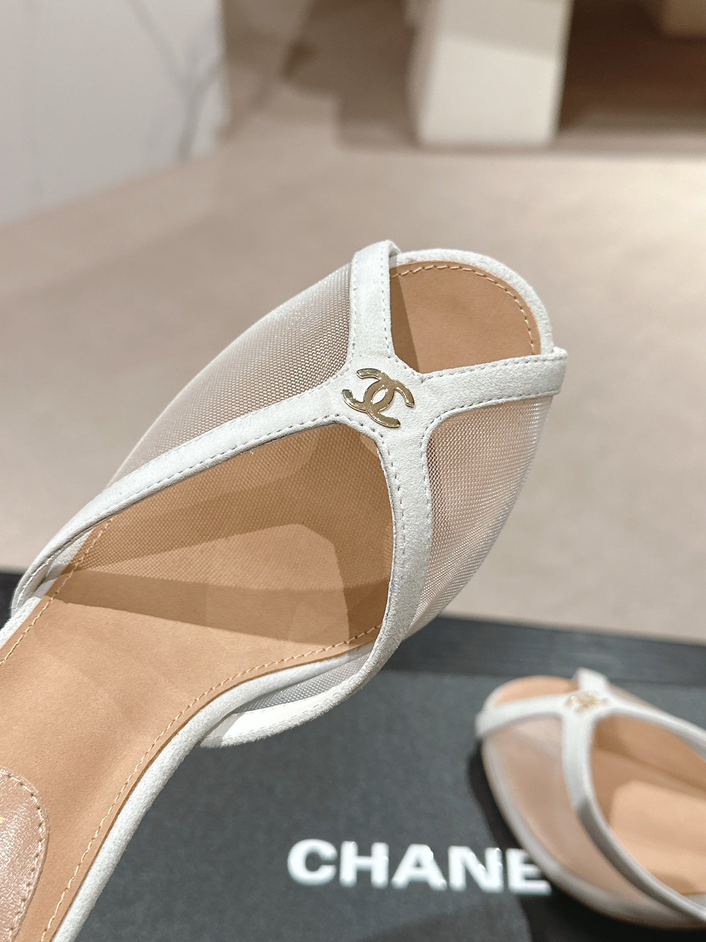 mule sandal 75 white fabric dark beige calfskin