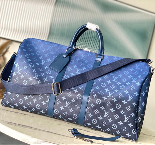 KEEPALL BANDOULIÈRE 55 IN NAVY GREEN MONOGRAM GRADIENT CANVAS