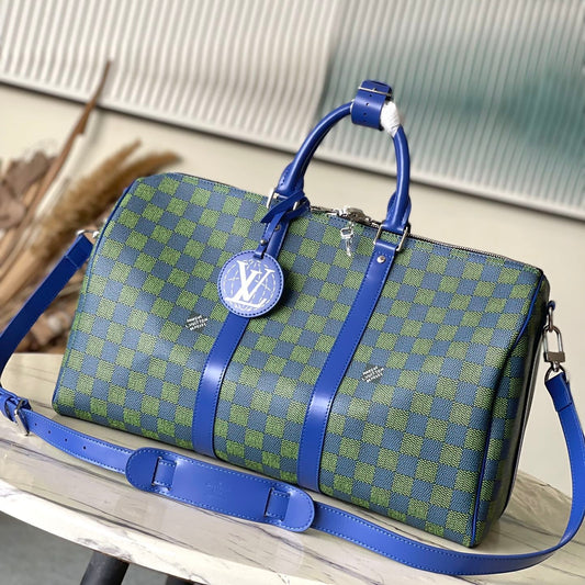 KEEPALL BANDOULIÈRE 45 IN BLUE GREEN DAMIER HERITAGE COATED CANVAS