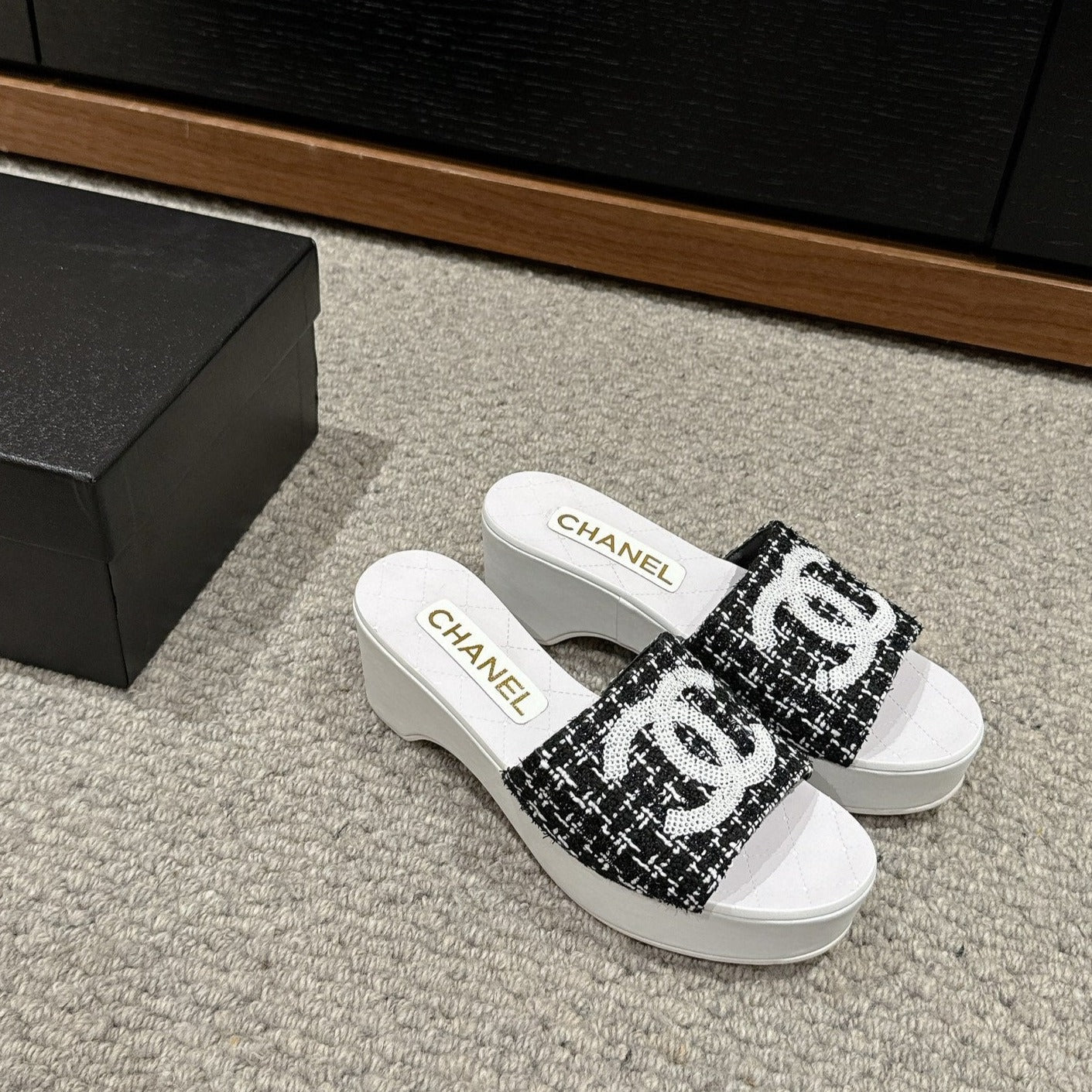 cc sandal 100 black white tweed sequin