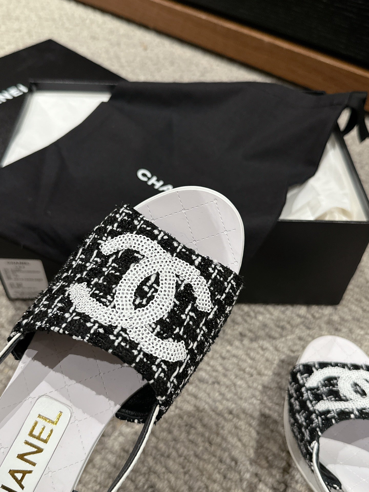 cc sandal 100 black white tweed sequin