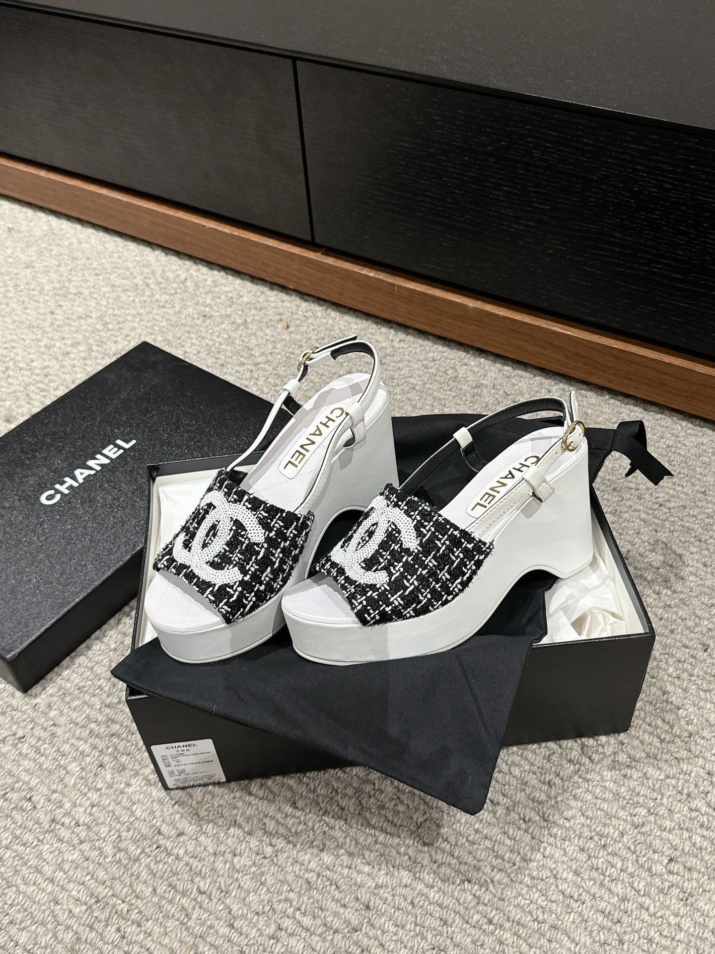 cc sandal 100 black white tweed sequin