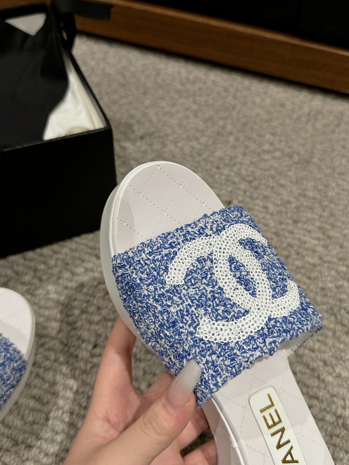 cc sandal 100 blue white tweed sequin