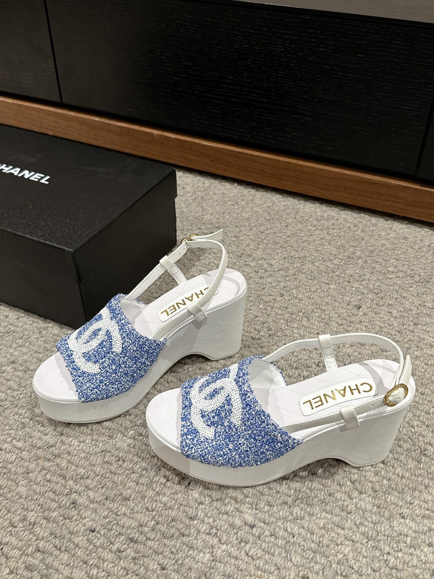 cc sandal 100 blue white tweed sequin