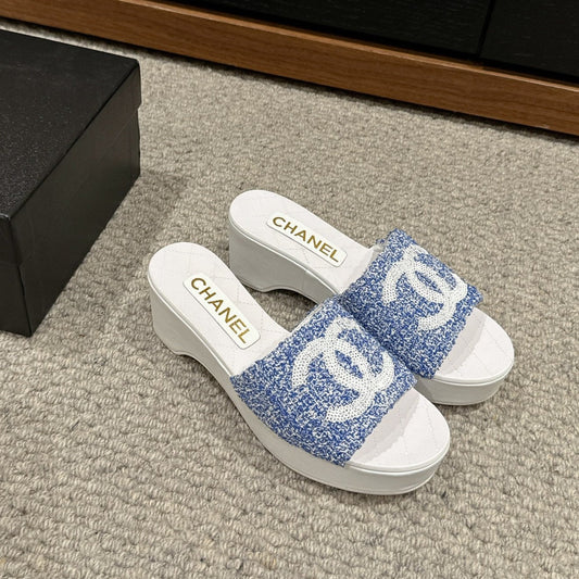 cc sandal 100 blue white tweed sequin