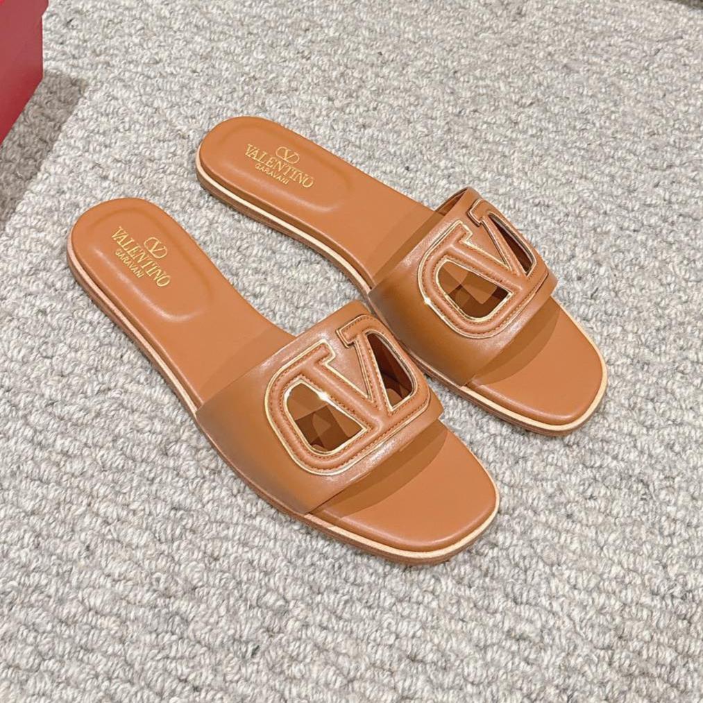 VLOGO CUT-OUT BRONZE BROWN CALFSKIN SLIDE SANDAL