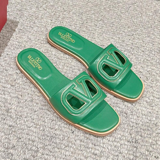 VLOGO CUT-OUT EMERALD GREEN CALFSKIN SLIDE SANDAL