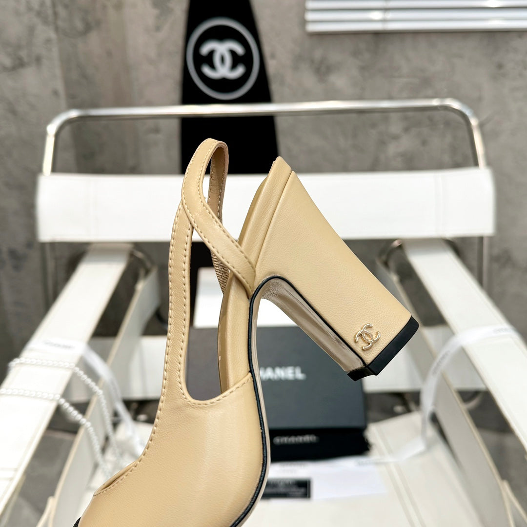 slingback 90 beige calfskin black grosgrain