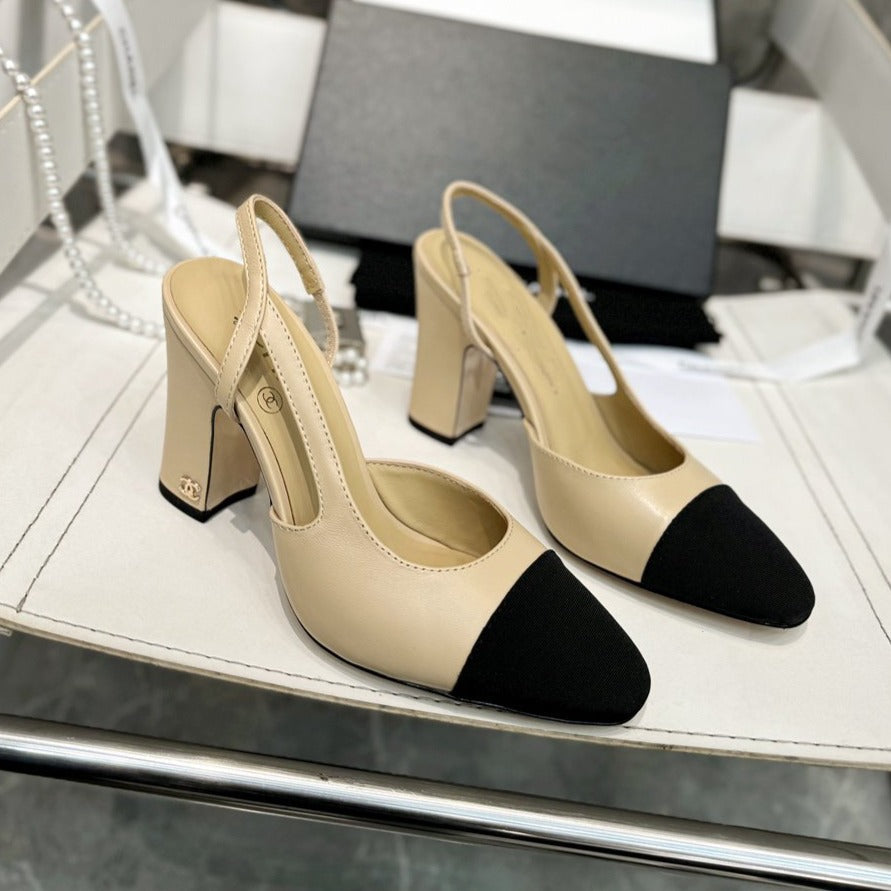 slingback 90 beige calfskin black grosgrain