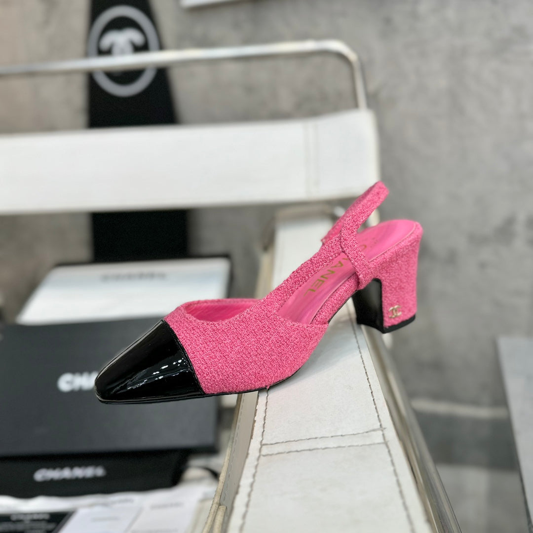 slingbacks 65 pink tweed black patent calfskin