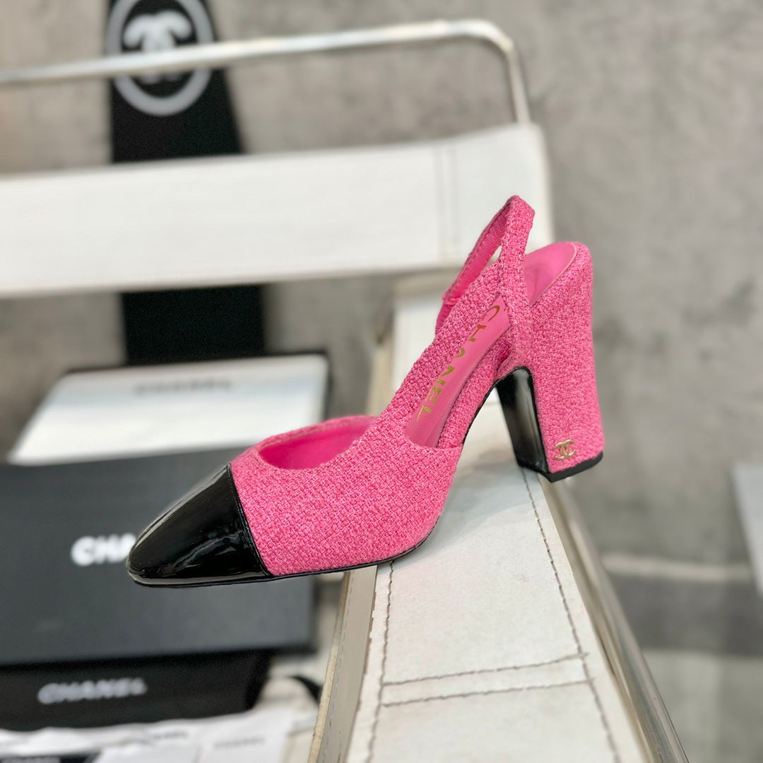 slingbacks 95 pink tweed black patent calfskin