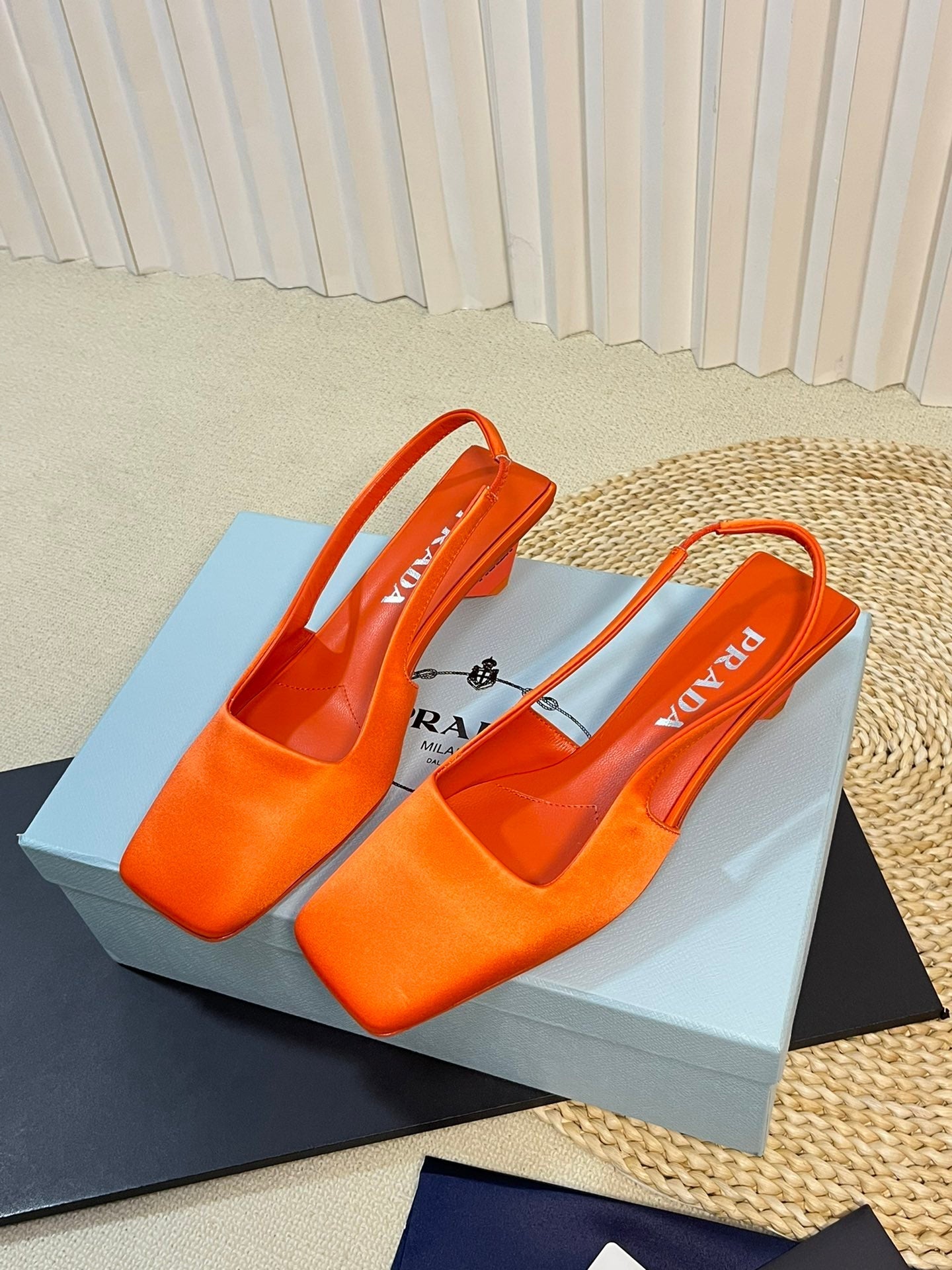 PRA SQUARE TOE SLINGBACK PUMPS BRIGHT ORANGE SATIN