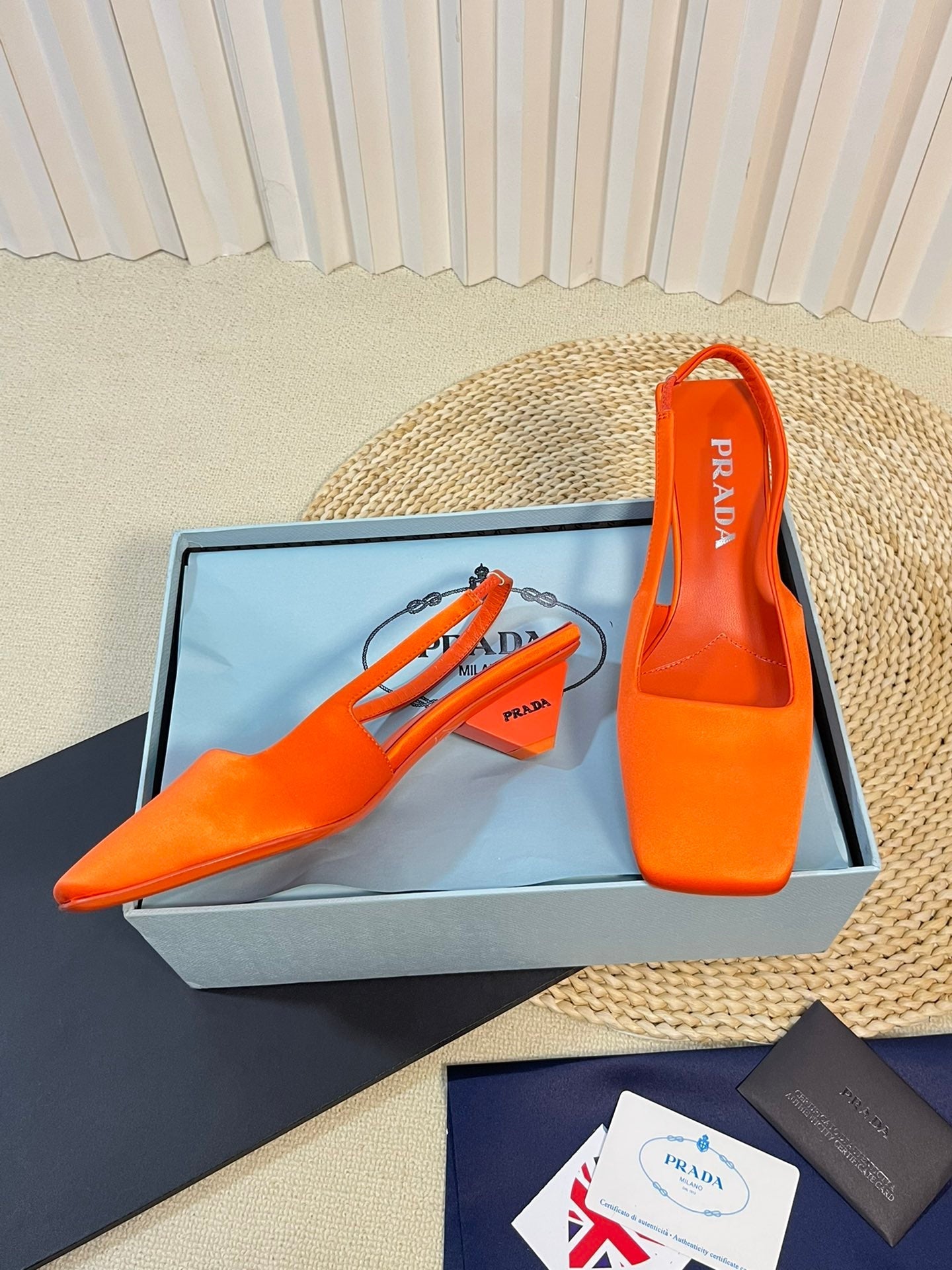 PRA SQUARE TOE SLINGBACK PUMPS BRIGHT ORANGE SATIN