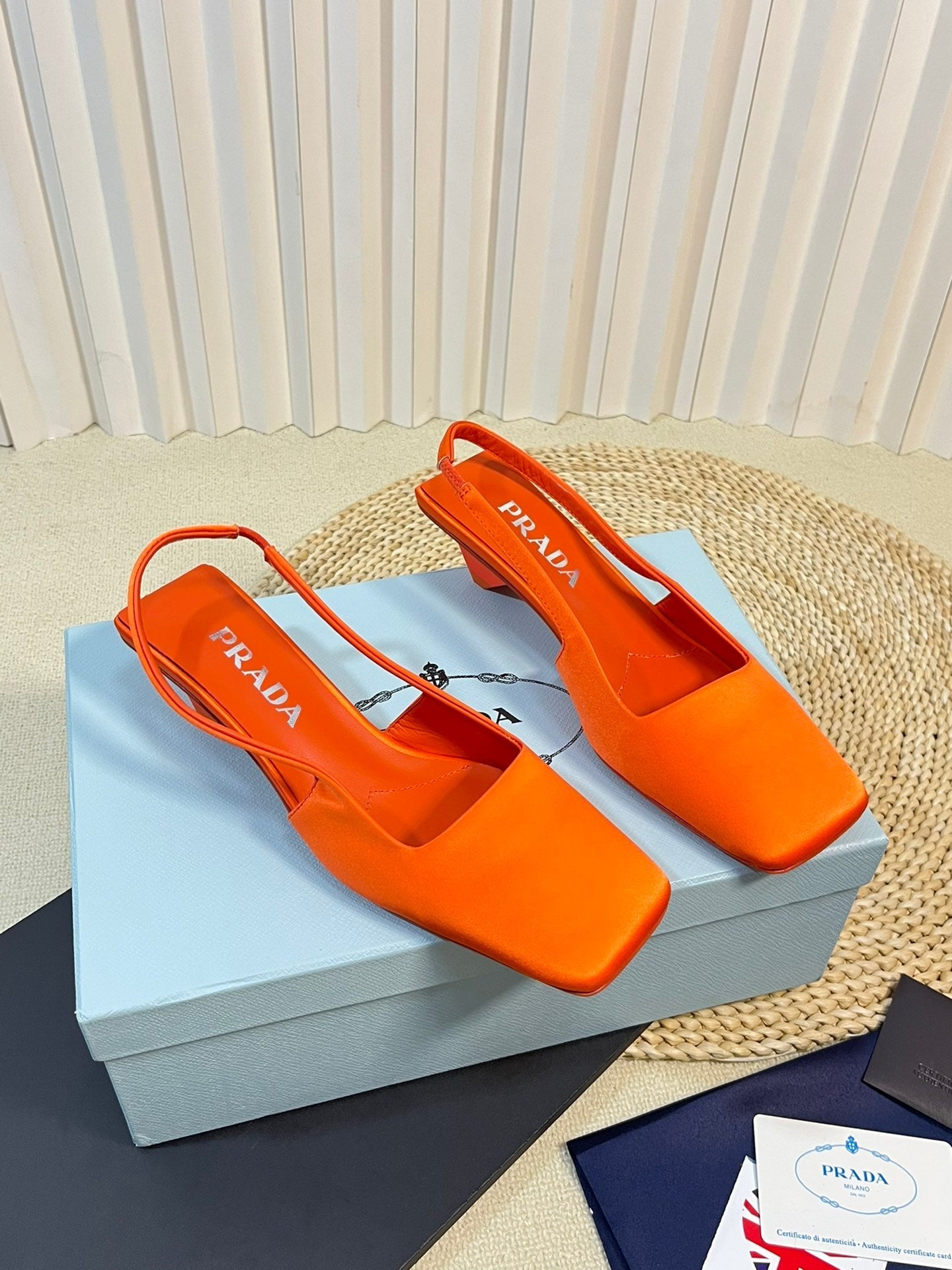 PRA SQUARE TOE SLINGBACK PUMPS BRIGHT ORANGE SATIN