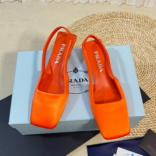 PRA SQUARE TOE SLINGBACK PUMPS BRIGHT ORANGE SATIN