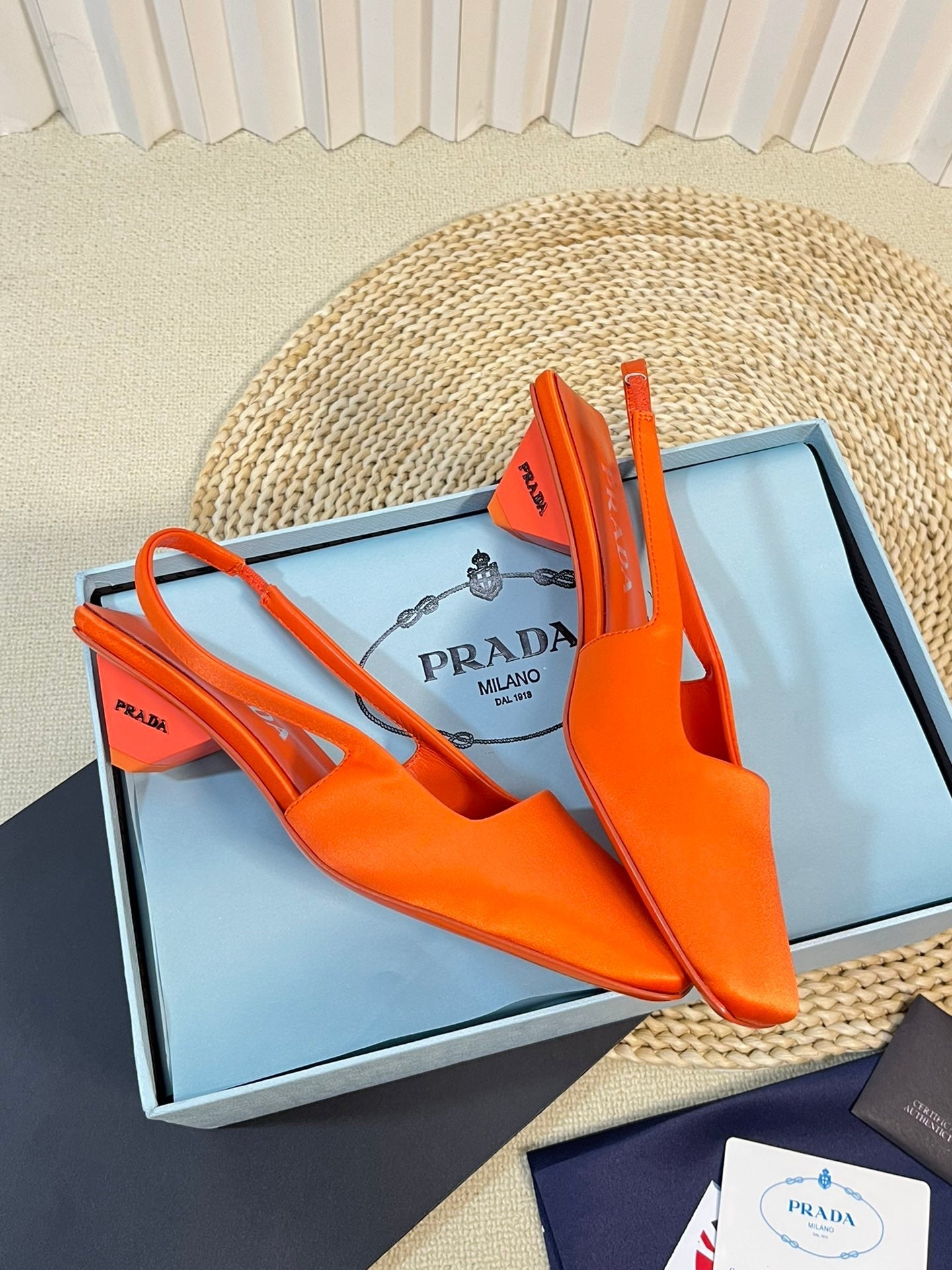 PRA SQUARE TOE SLINGBACK PUMPS BRIGHT ORANGE SATIN