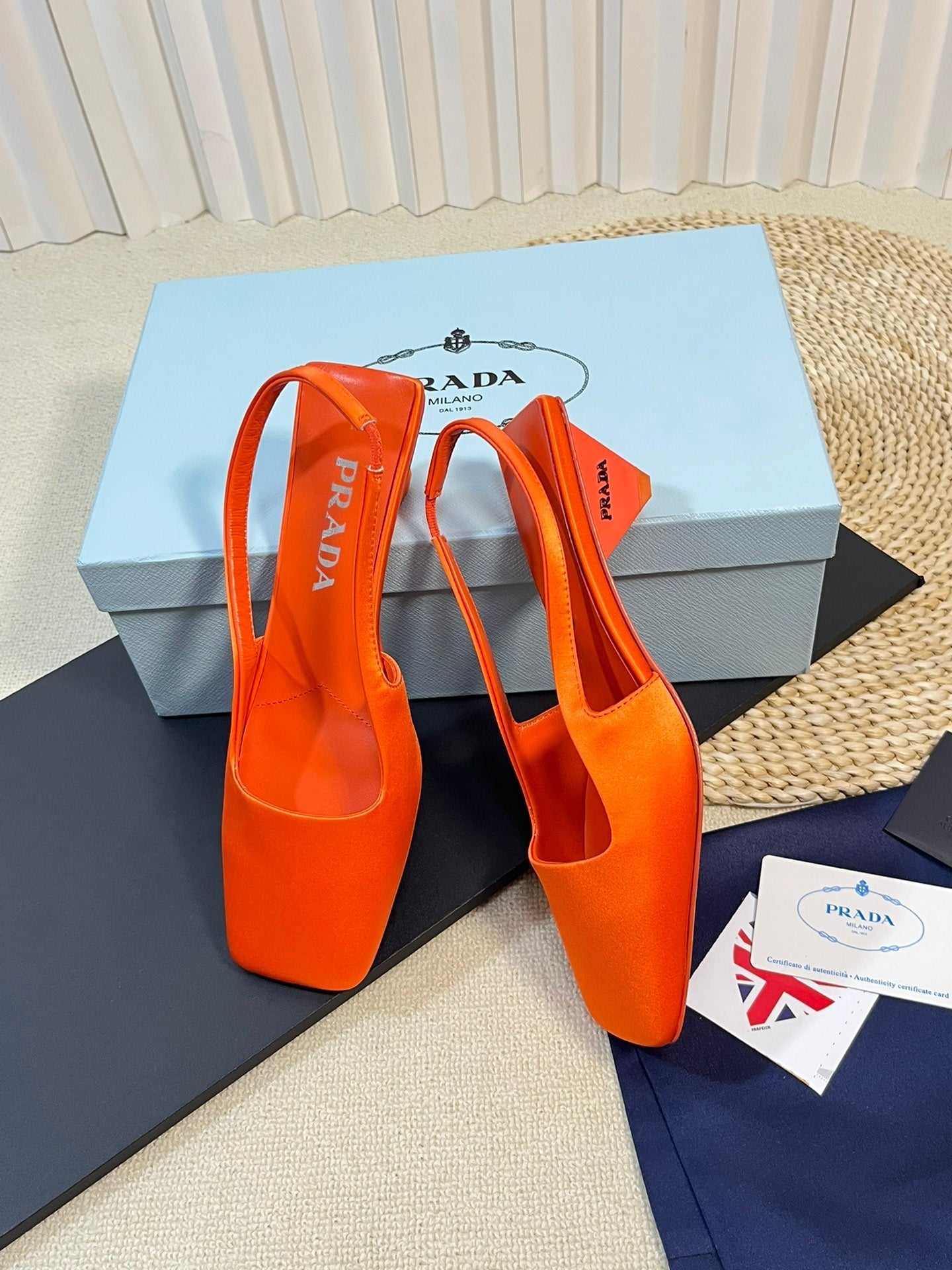 PRA SQUARE TOE SLINGBACK PUMPS BRIGHT ORANGE SATIN