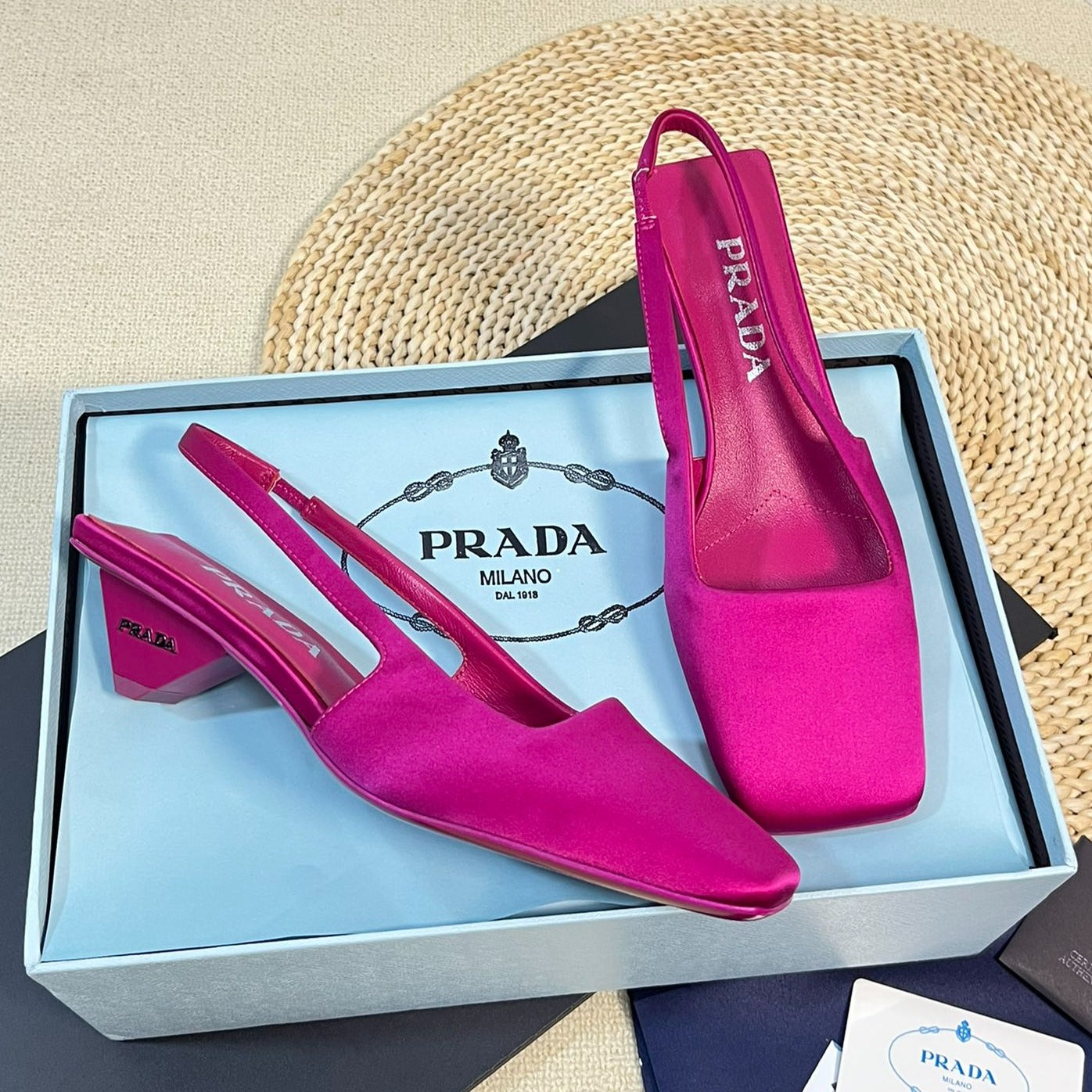 PRA SQUARE TOE SLINGBACK PUMPS BARBIE PINK SATIN