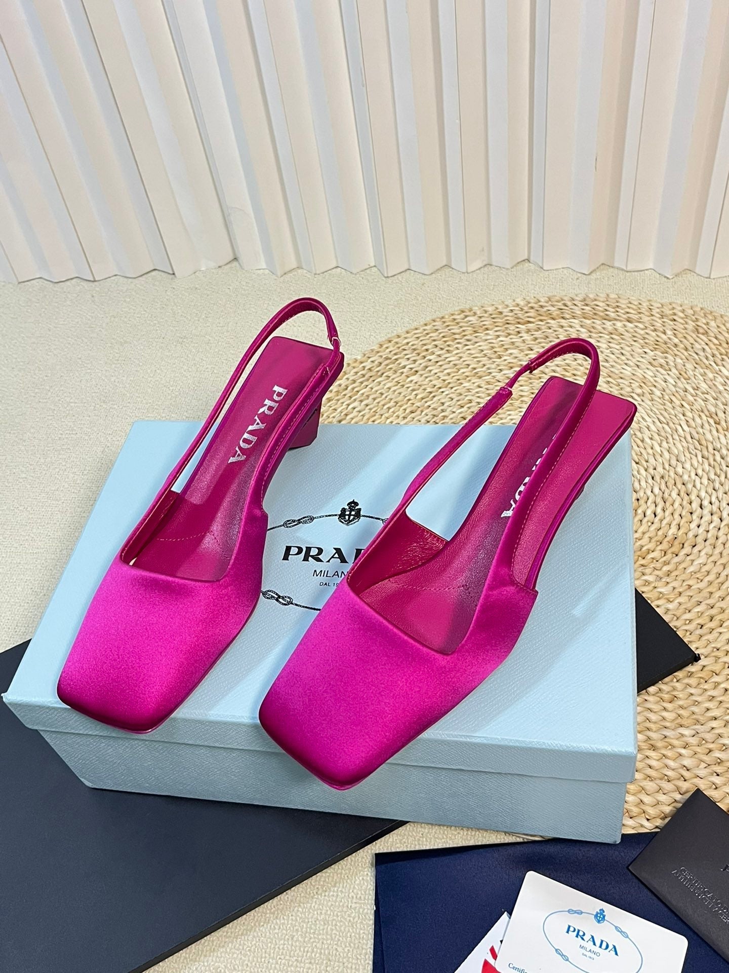 PRA SQUARE TOE SLINGBACK PUMPS BARBIE PINK SATIN