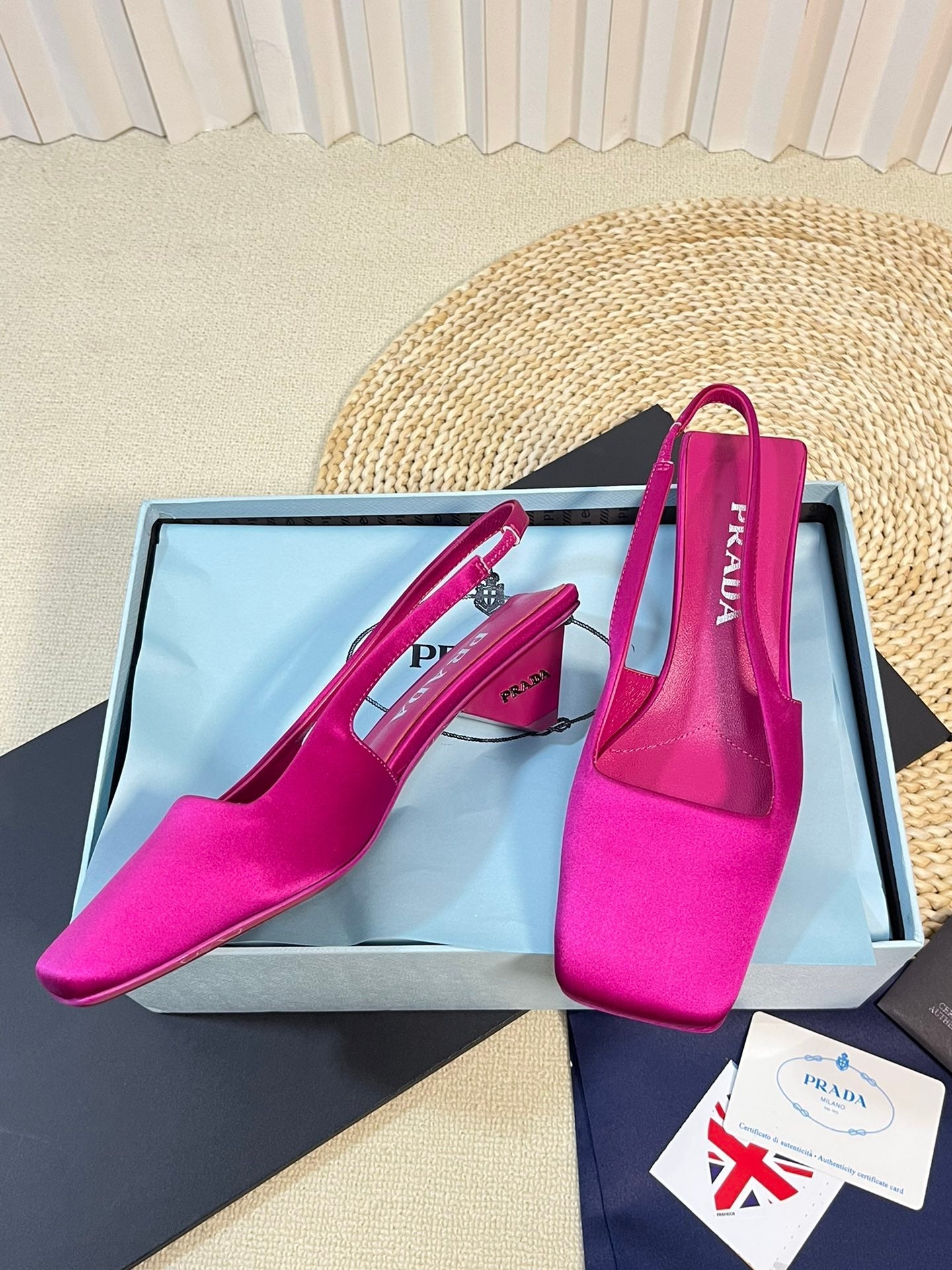 PRA SQUARE TOE SLINGBACK PUMPS BARBIE PINK SATIN